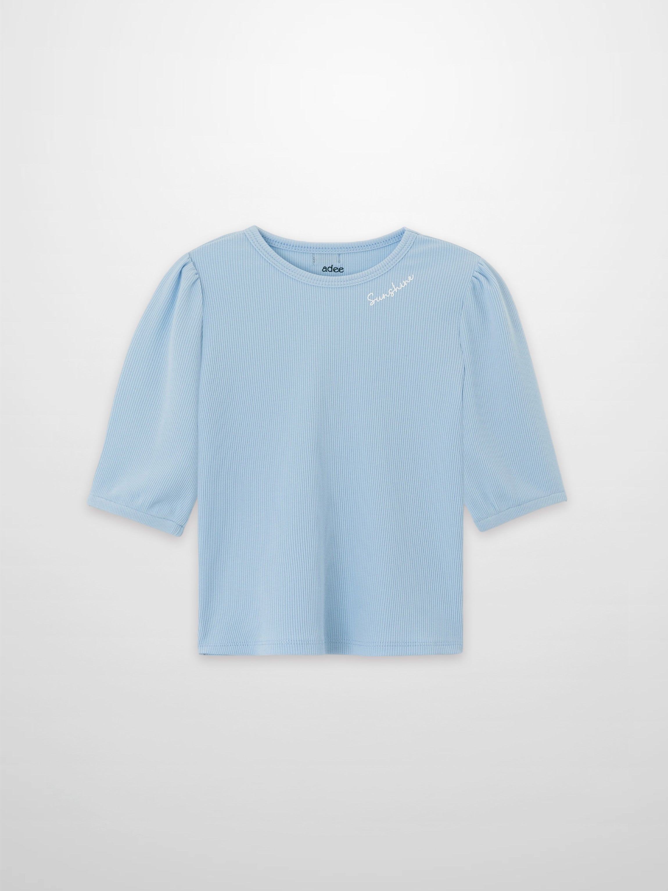 Girls 3/4 puff sleeve T-shirt in light blue by Adee; ribbed knit with Sunshine embroidery
