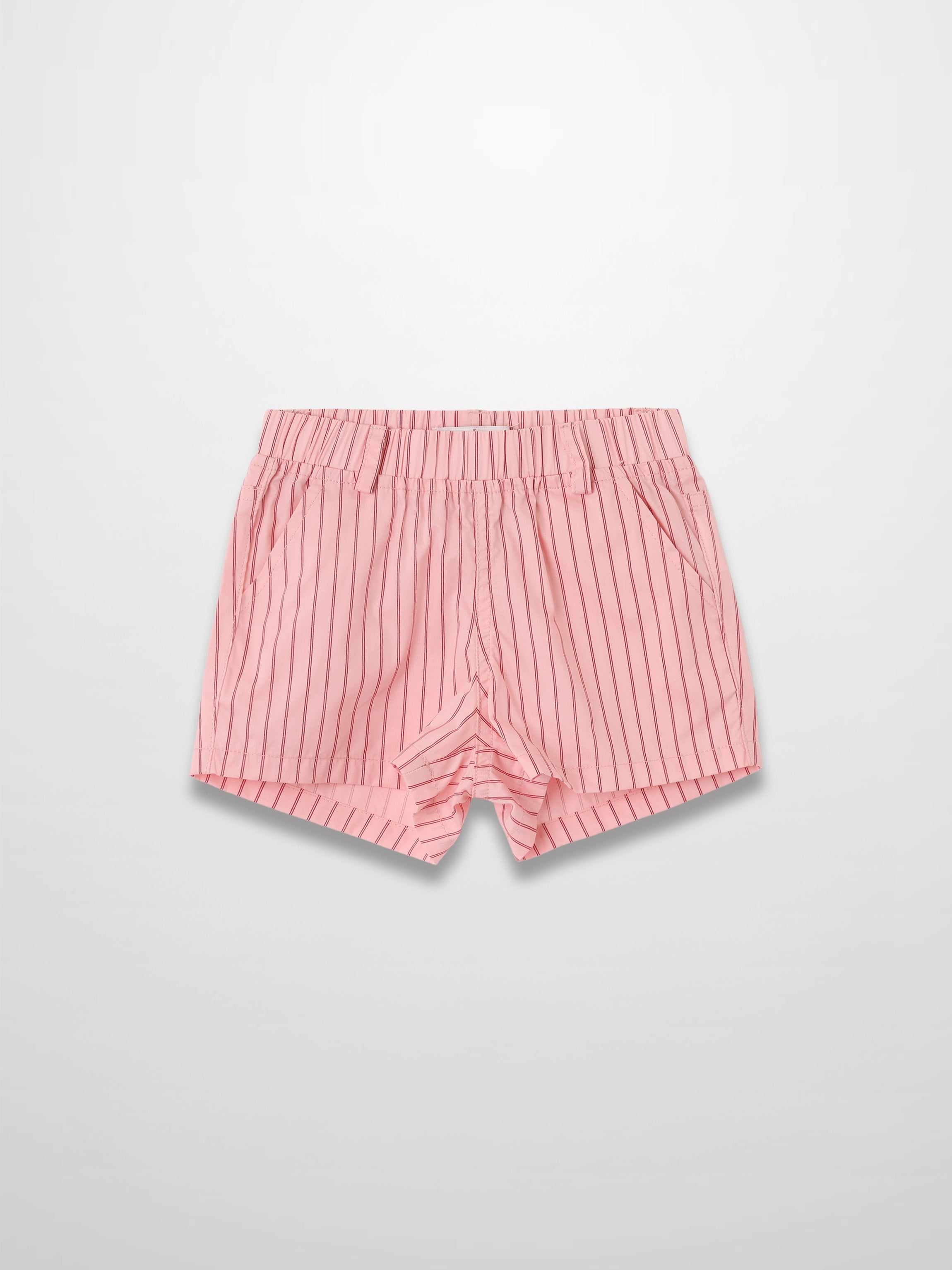 Pink striped cotton shorts with elastic waistband and side pockets.