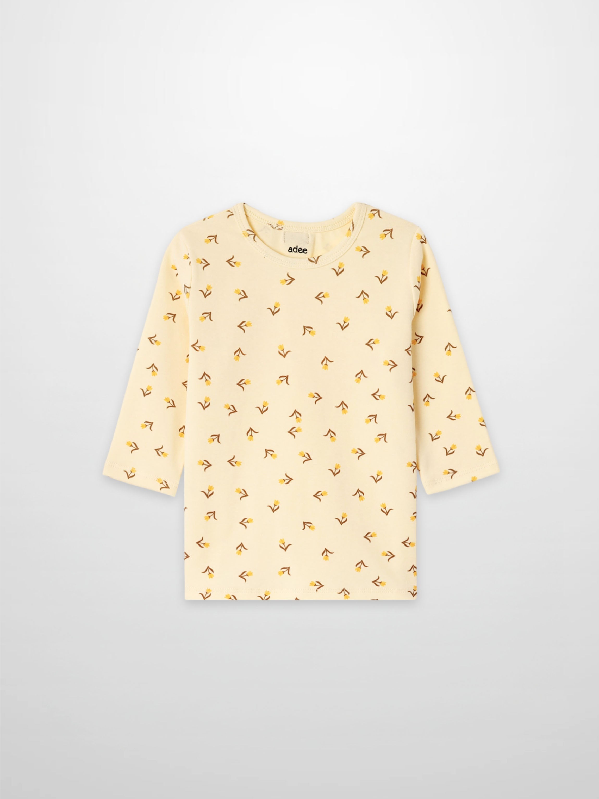 Butter Yellow Tulip T-shirt for girls by Adee, 3/4 sleeve with small tulip print