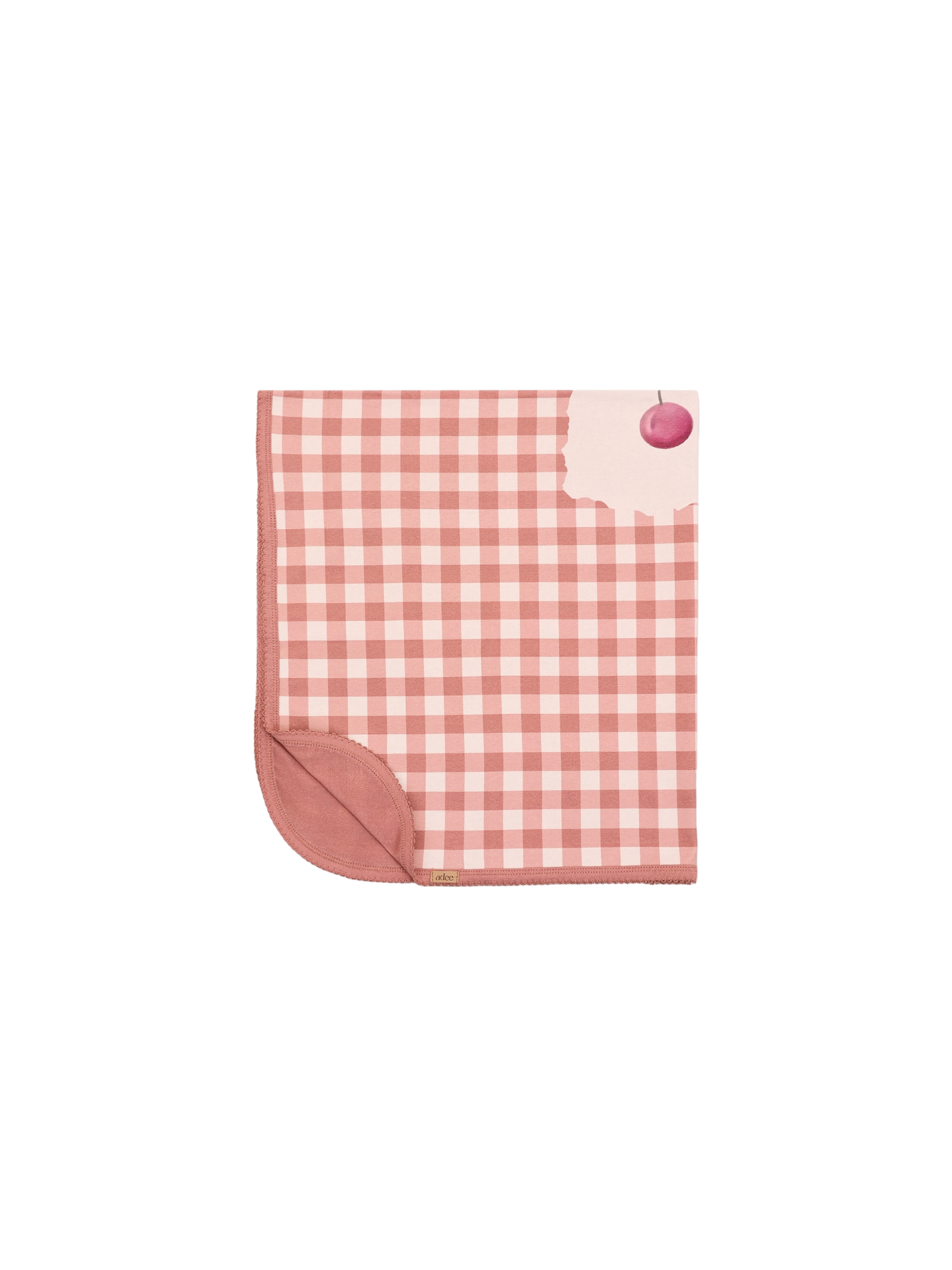 Cherry Frame Receiving Blanket by Adee in pink and white gingham with cherry corner accent.