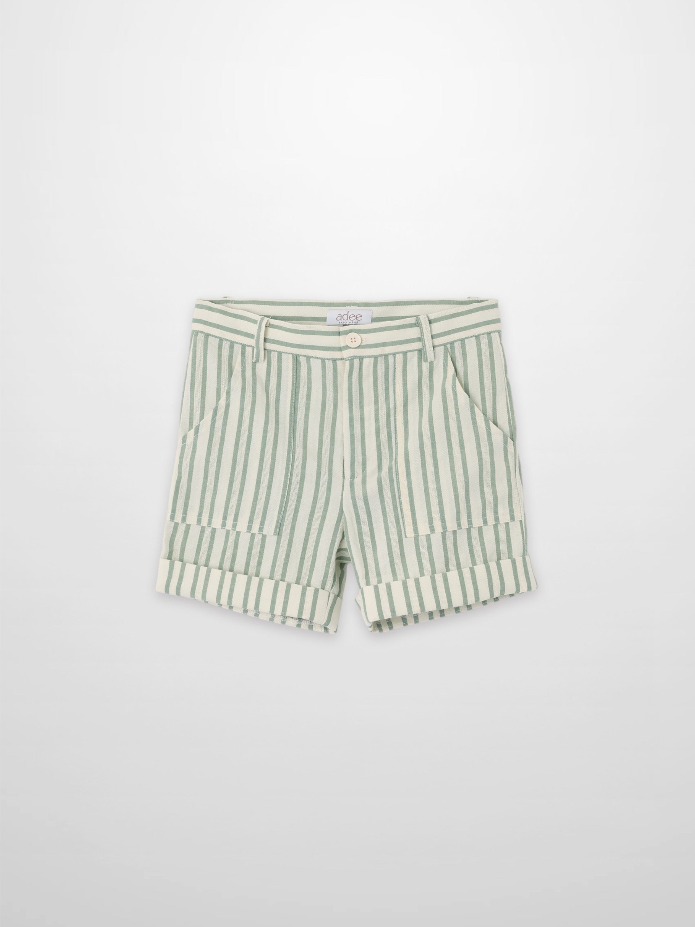 Green striped denim shorts for boys by Adee with rolled cuffs