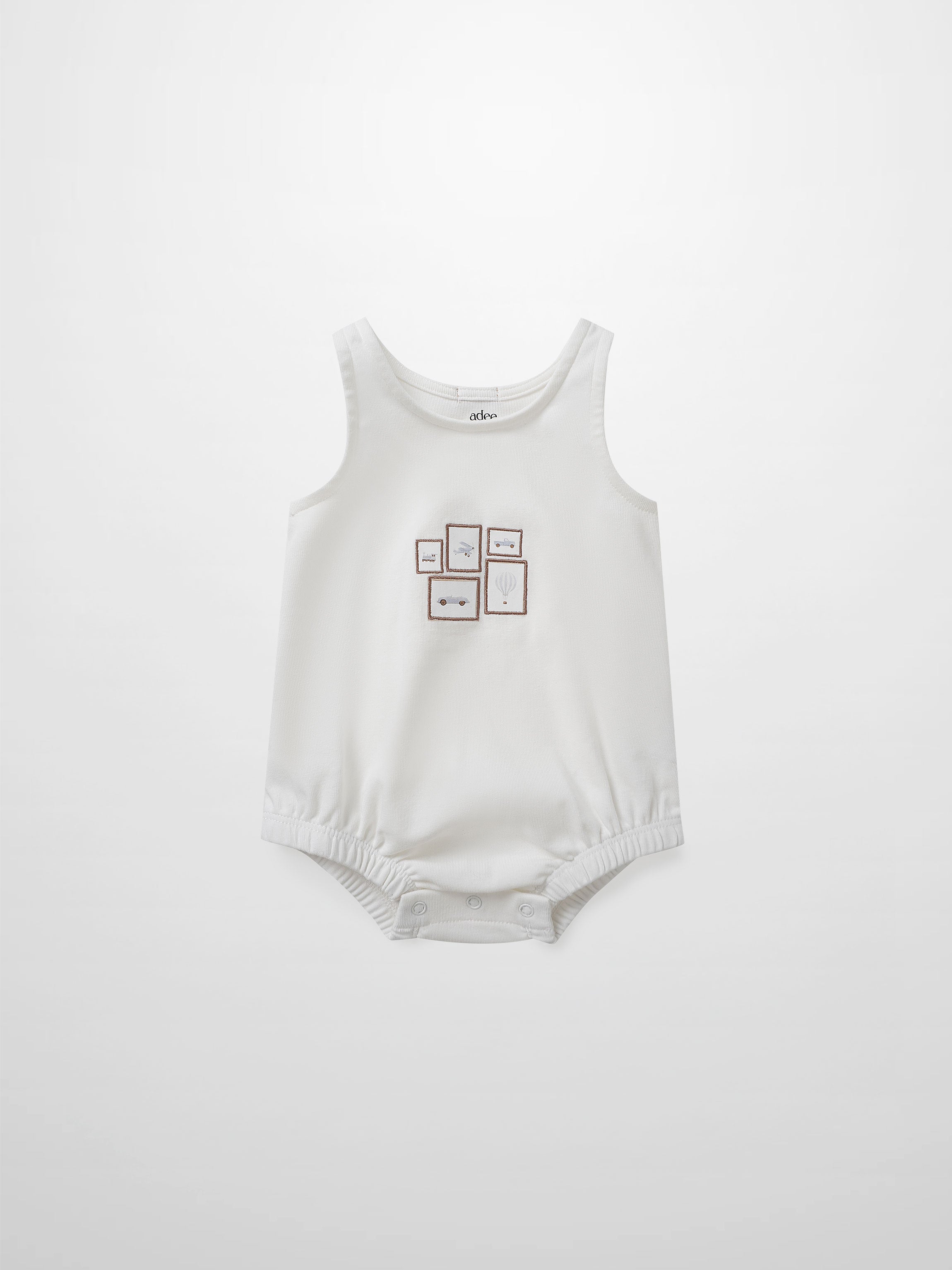 Mini Gallery Romper for baby boys by Adee in white with small framed artwork on the chest.