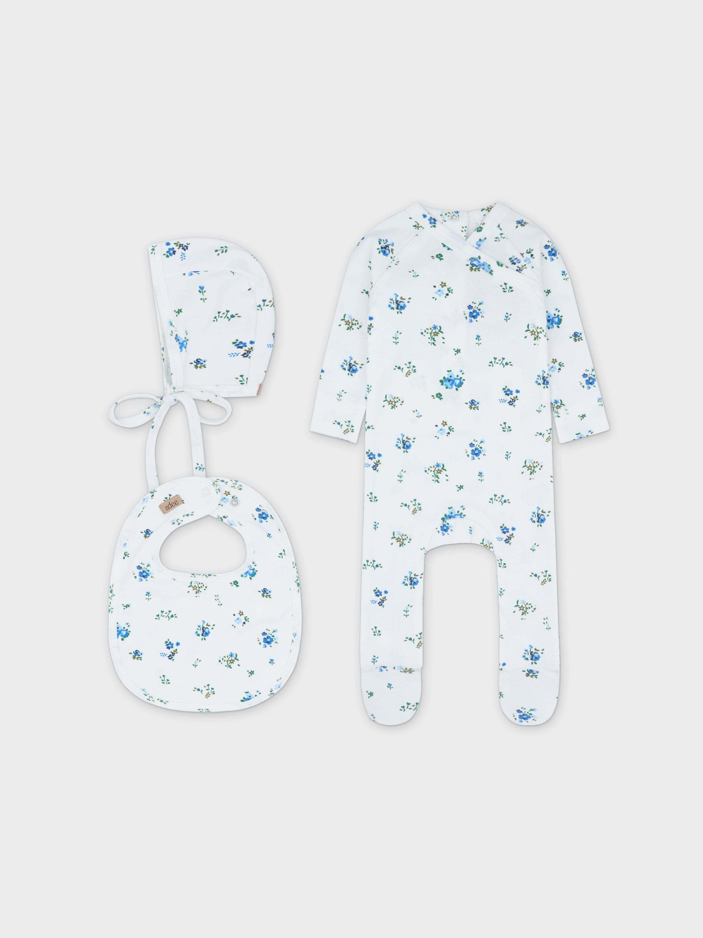 Baby jumpsuit, bonnet, bib set, blue floral, boy