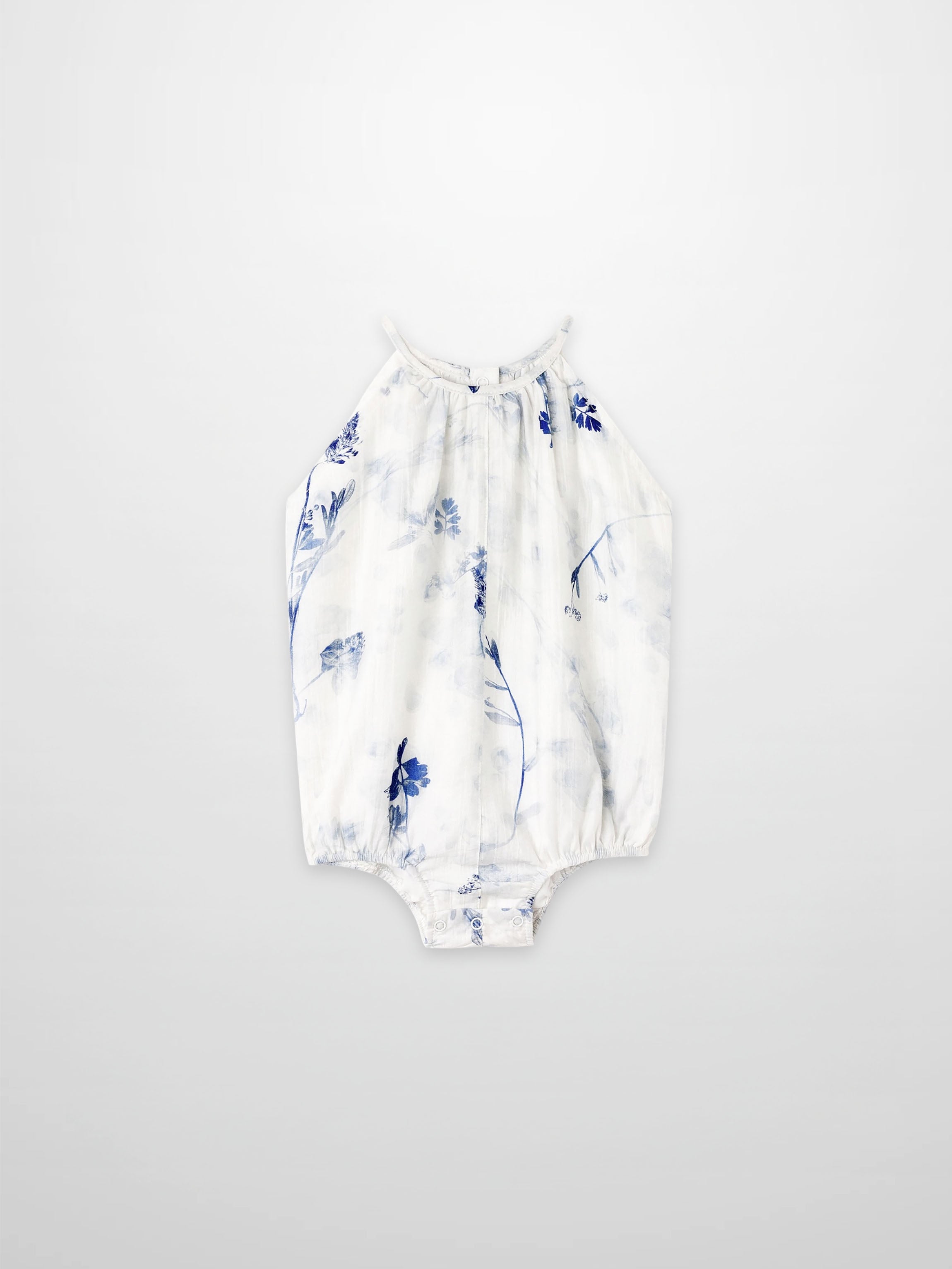 Blue Flower Romper for girls, white fabric with blue floral print