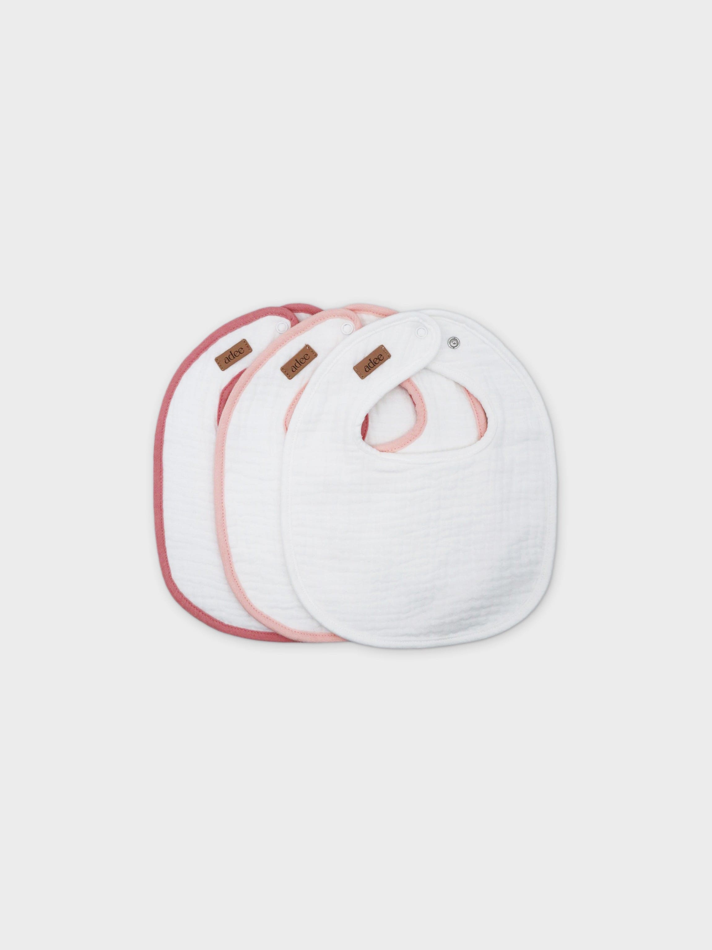 baby girl white muslin bibs with colored edging 3 pack