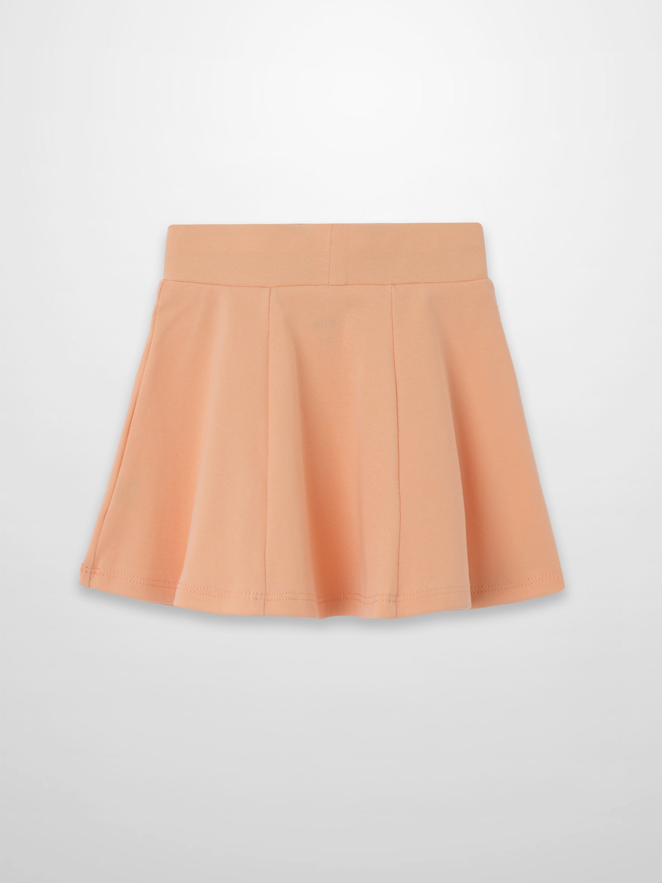 Peach 6-panel A-line skirt with a wide waistband and soft pleats.