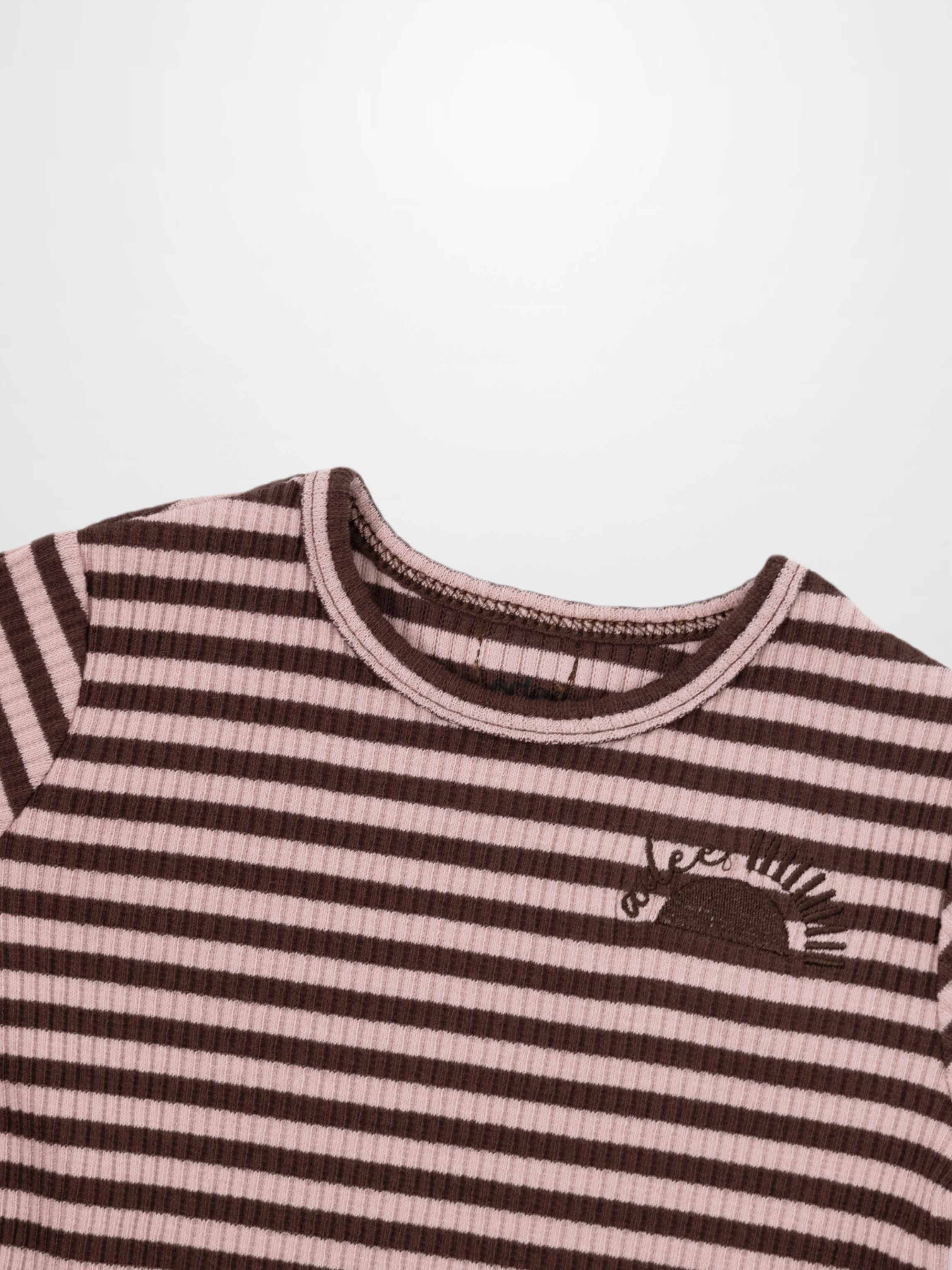 Striped Crew Neck T-Shirt - Brown & Pink