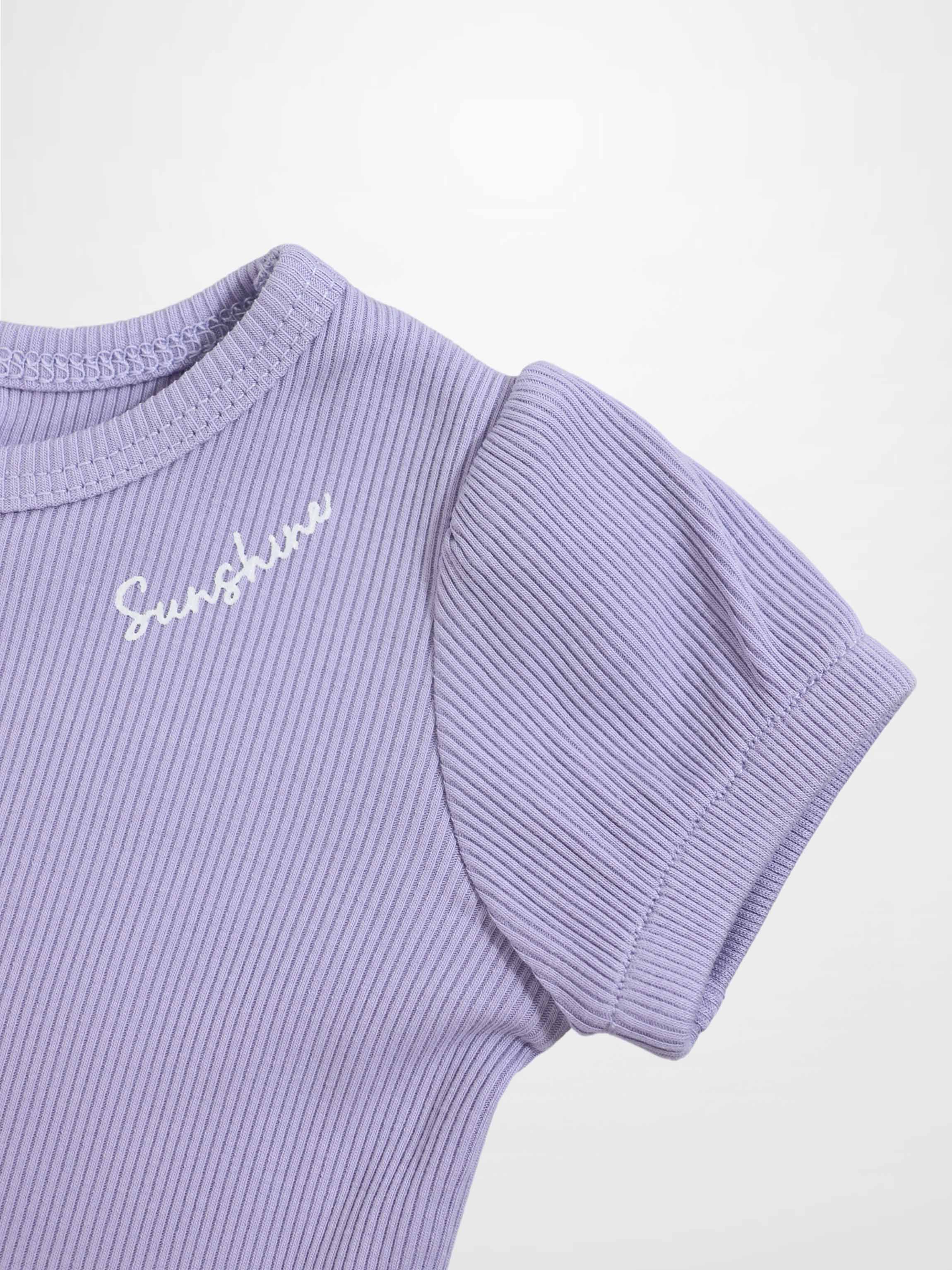 Ribbed Short Puff Sleeve T-shirt & Shorts Set - Lavender
