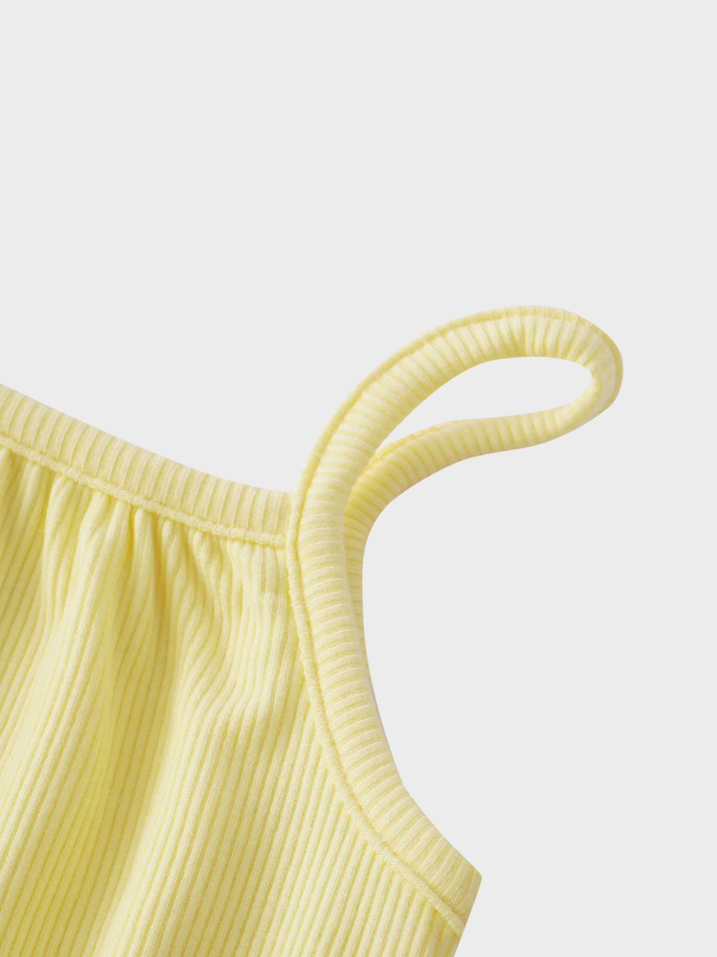 Close-up of yellow romper straps