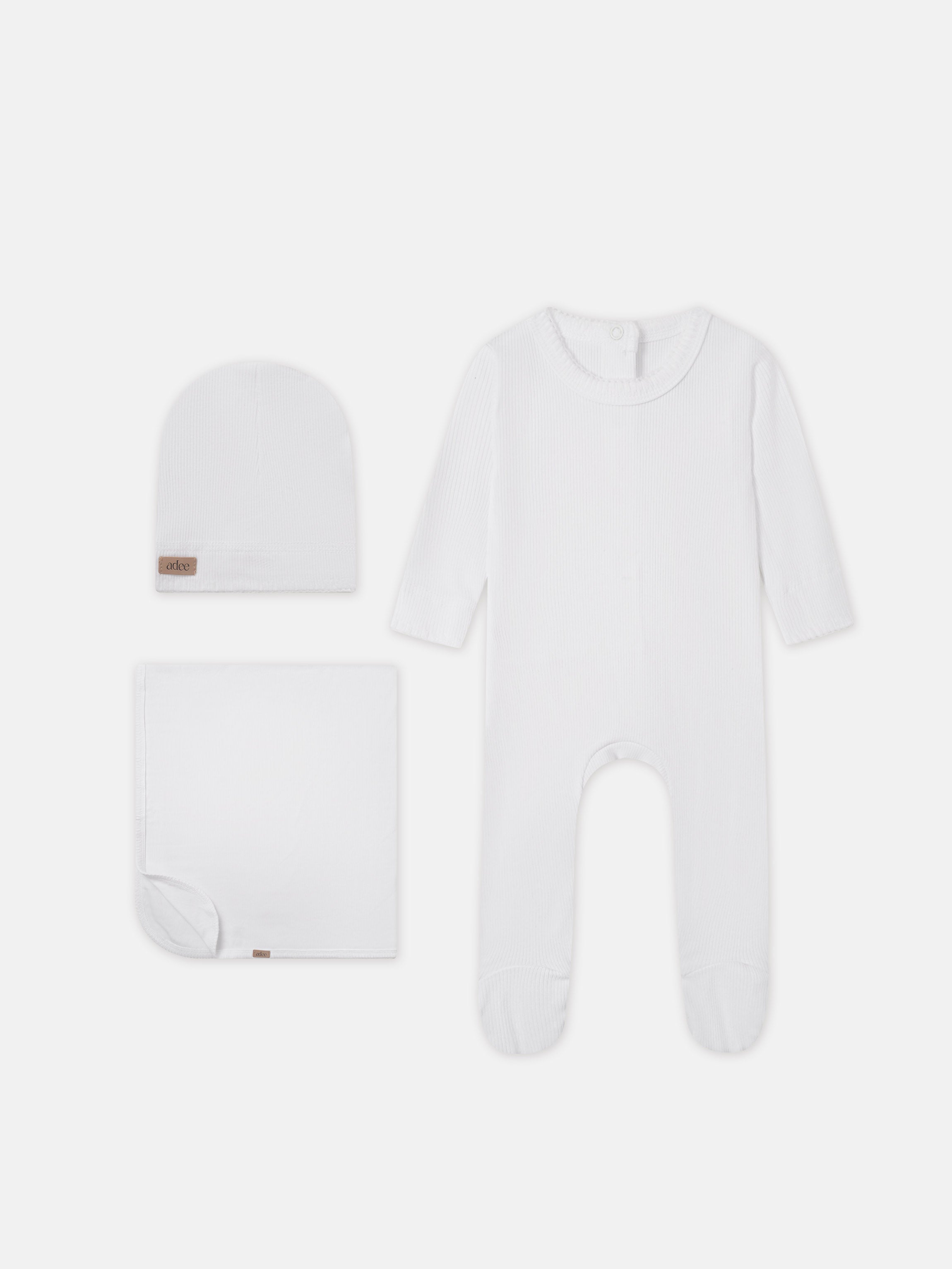 Legacy Stitch White Layette Set, unisex; ribbed knit hat, blanket and long-sleeve bodysuit by Adee