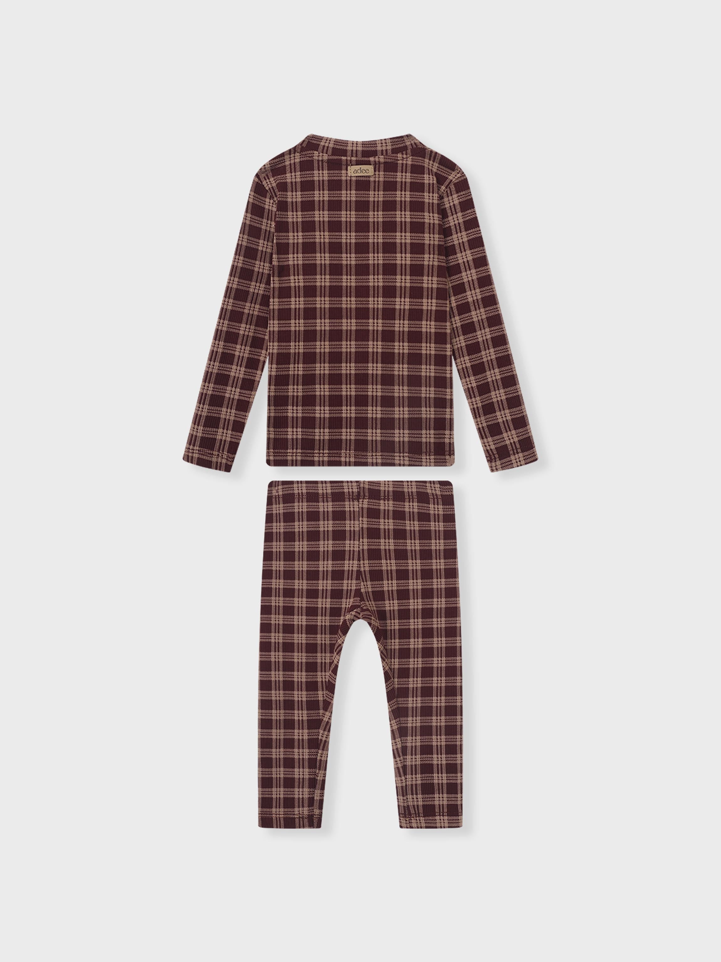 Girls two-piece plaid burgundy Adee pajamas set with long-sleeve top and matching pants