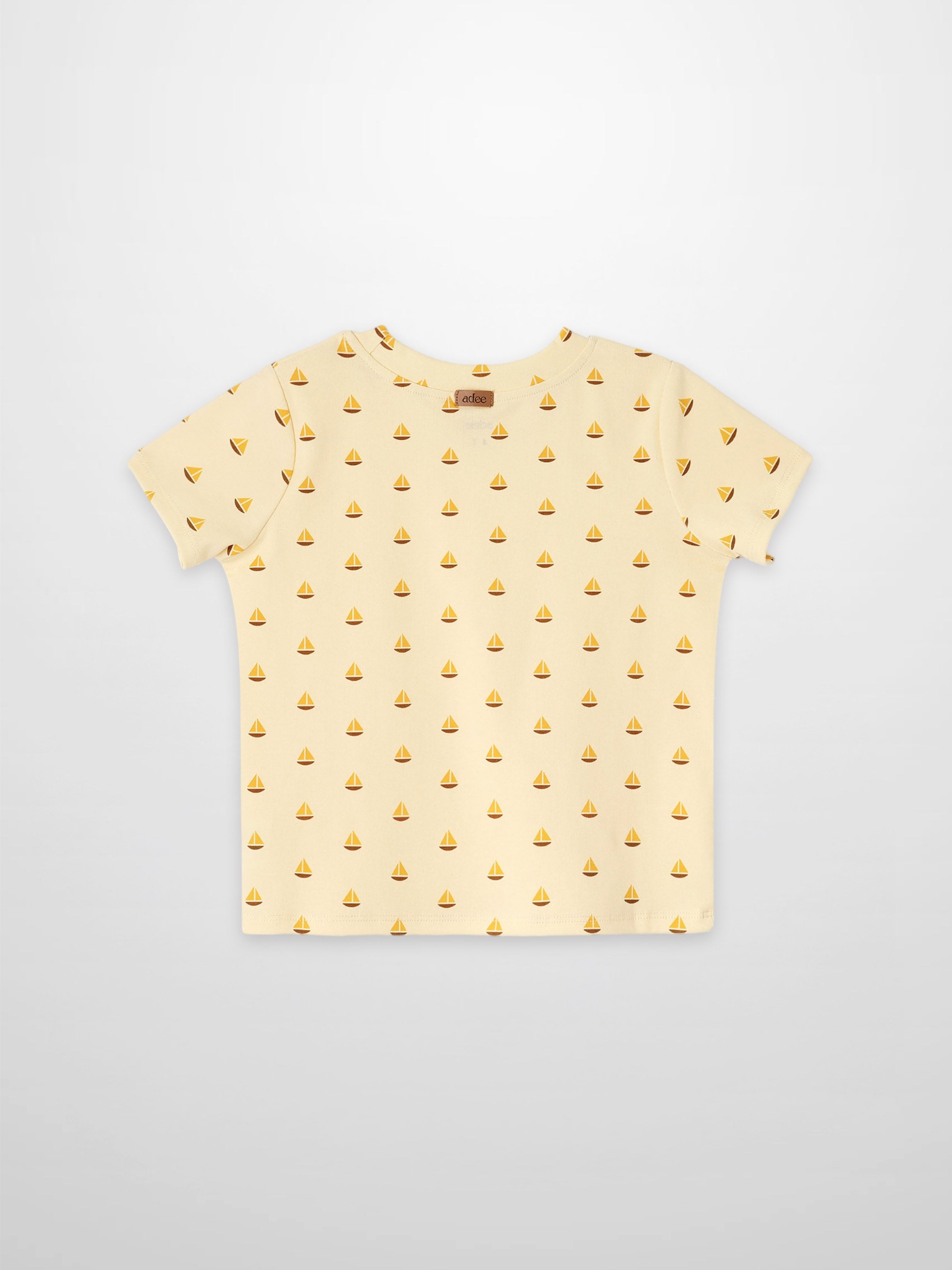 Boat Print T-Shirt for boys by Adee in pale yellow with sailboat motifs.