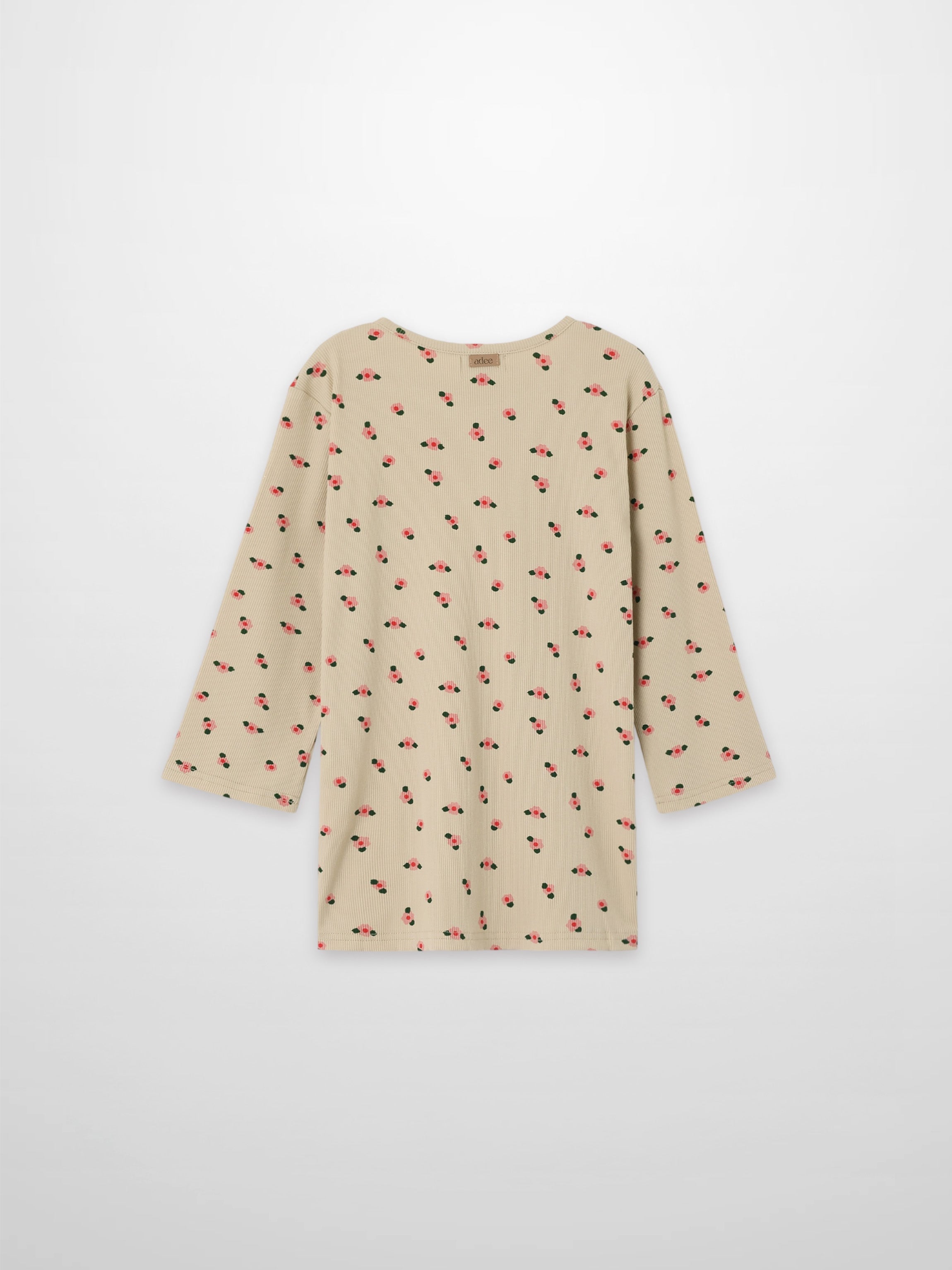 Tan Floral T-shirt for girls; Adee 3/4-sleeve top in beige with small red flowers
