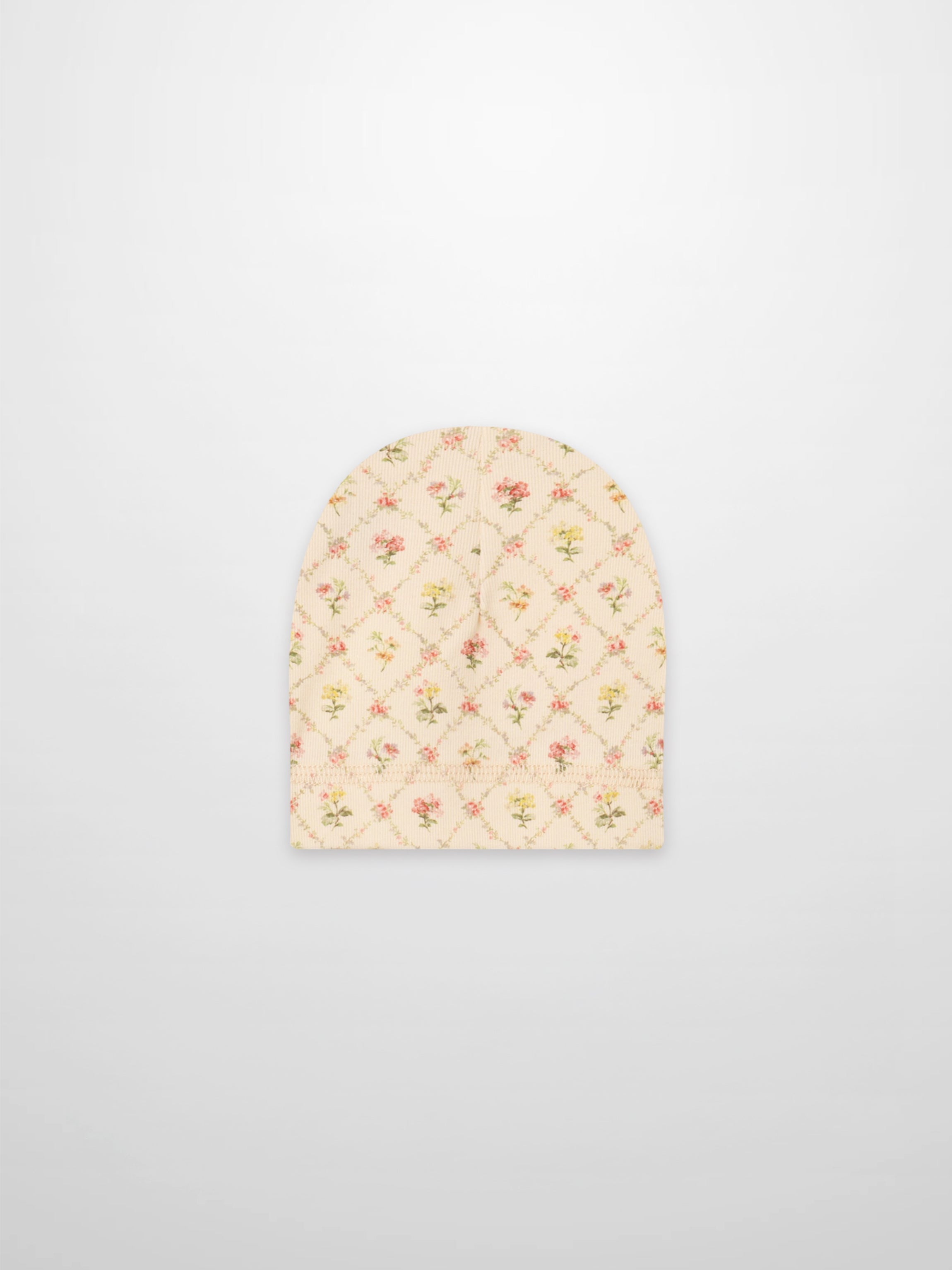 Flower Garden hat for baby girls; off-white fabric with pink/yellow floral lattice pattern