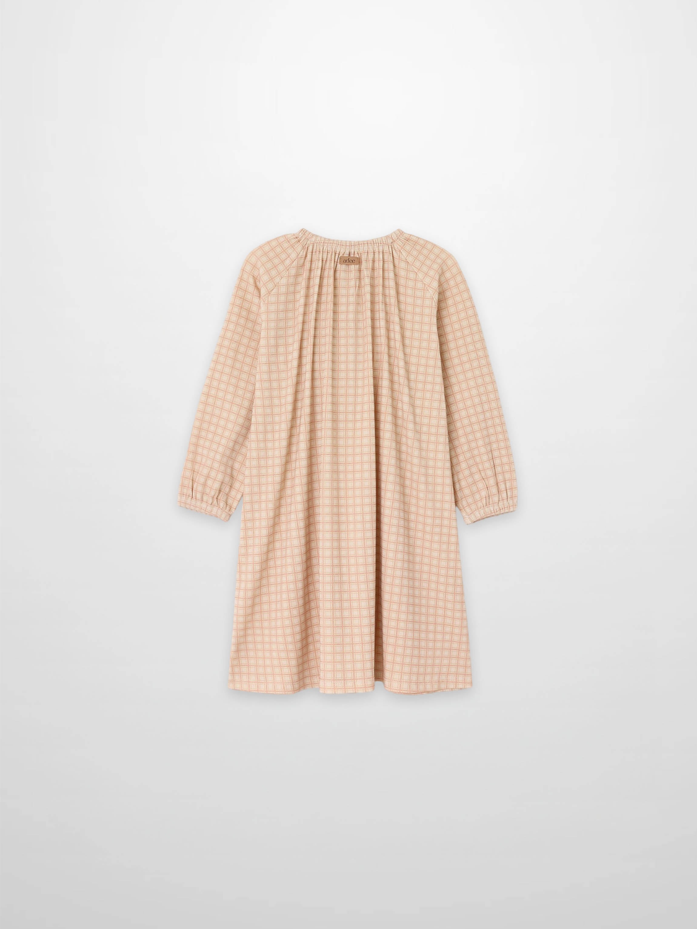 Pink squared nightgown for girls by Adee, pink checkered long-sleeve pajama dress.
