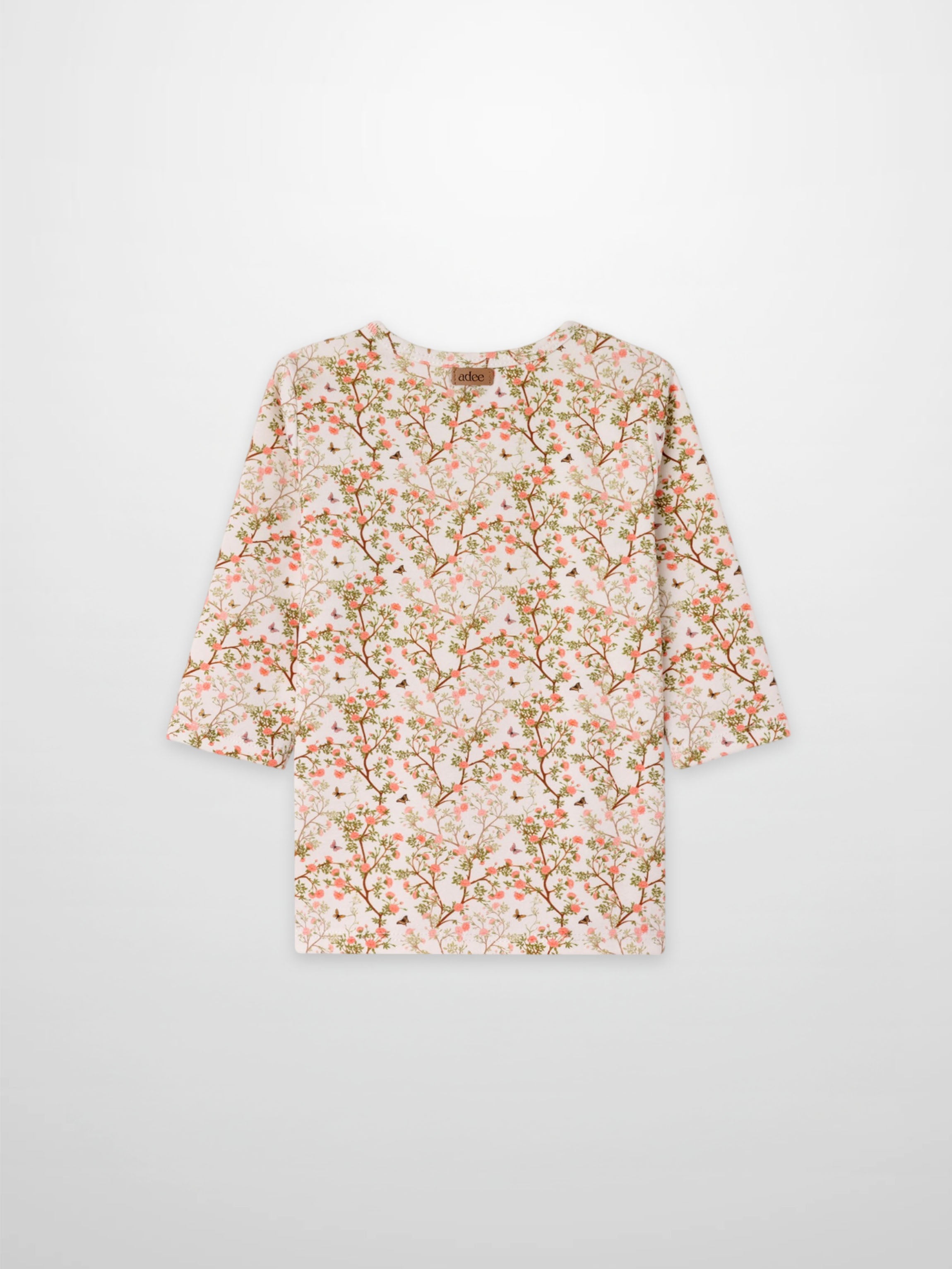 Adee Spring Floral 3/4 Sleeve Girls T-shirt, cream base with pink floral print.