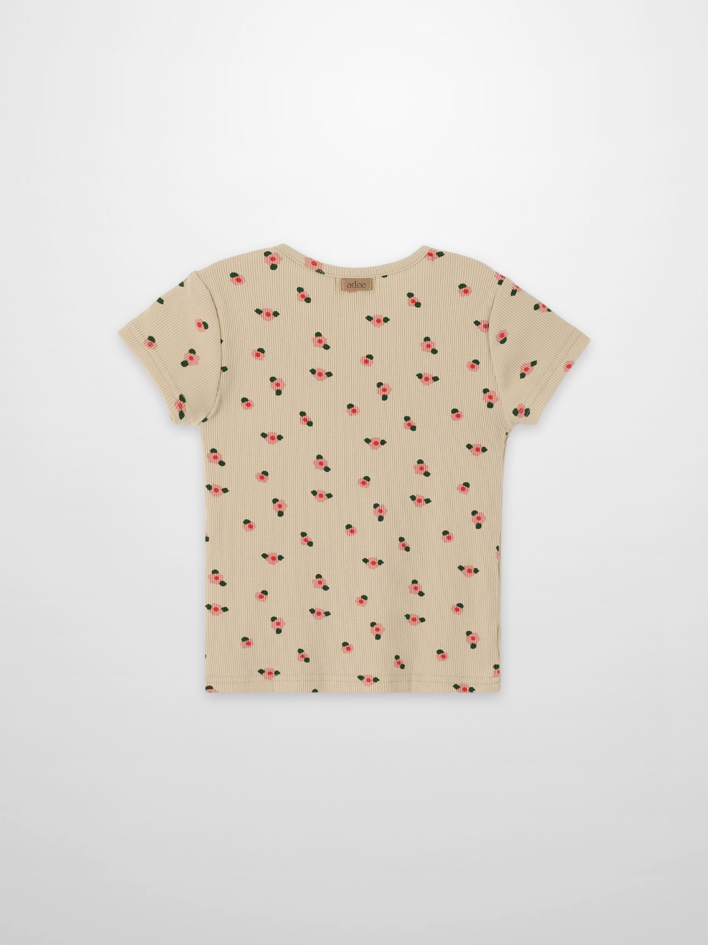 Tan floral short-sleeve T-shirt for girls by Adee with pink flowers and green leaves