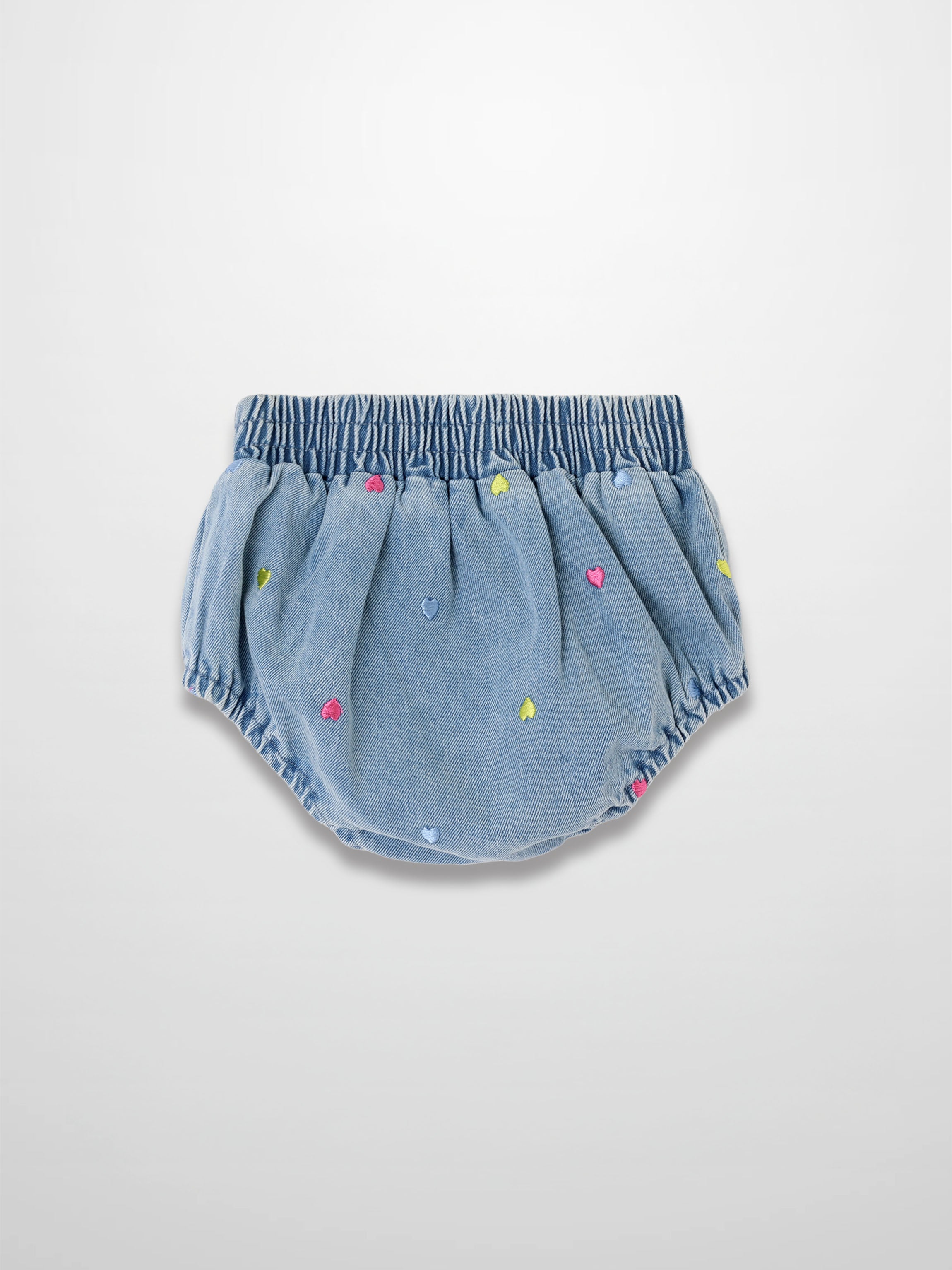 Embroidered Heart Denim Bloomers with colorful heart accents on light-wash denim