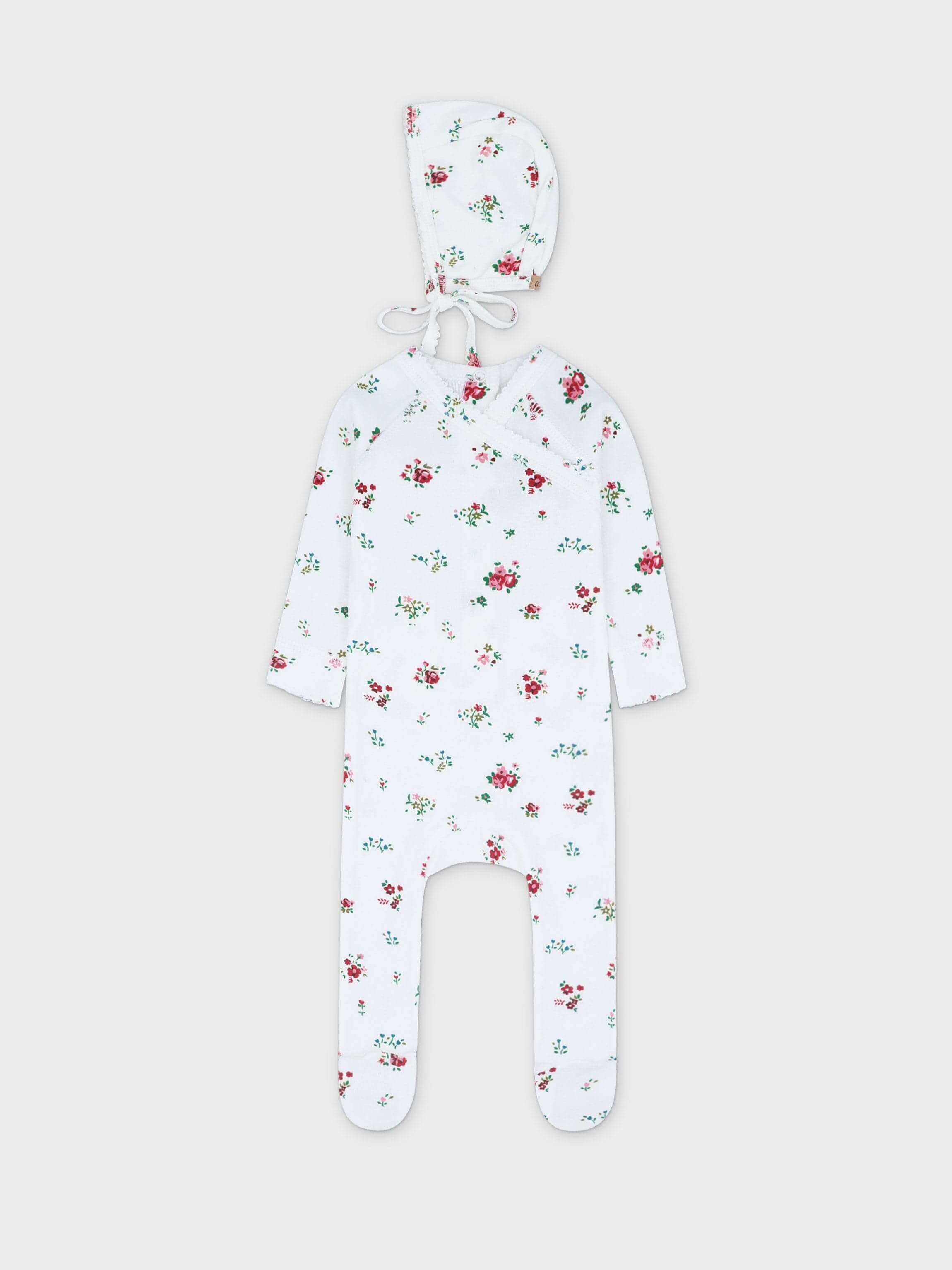 Baby jumpsuit with floral bonnet