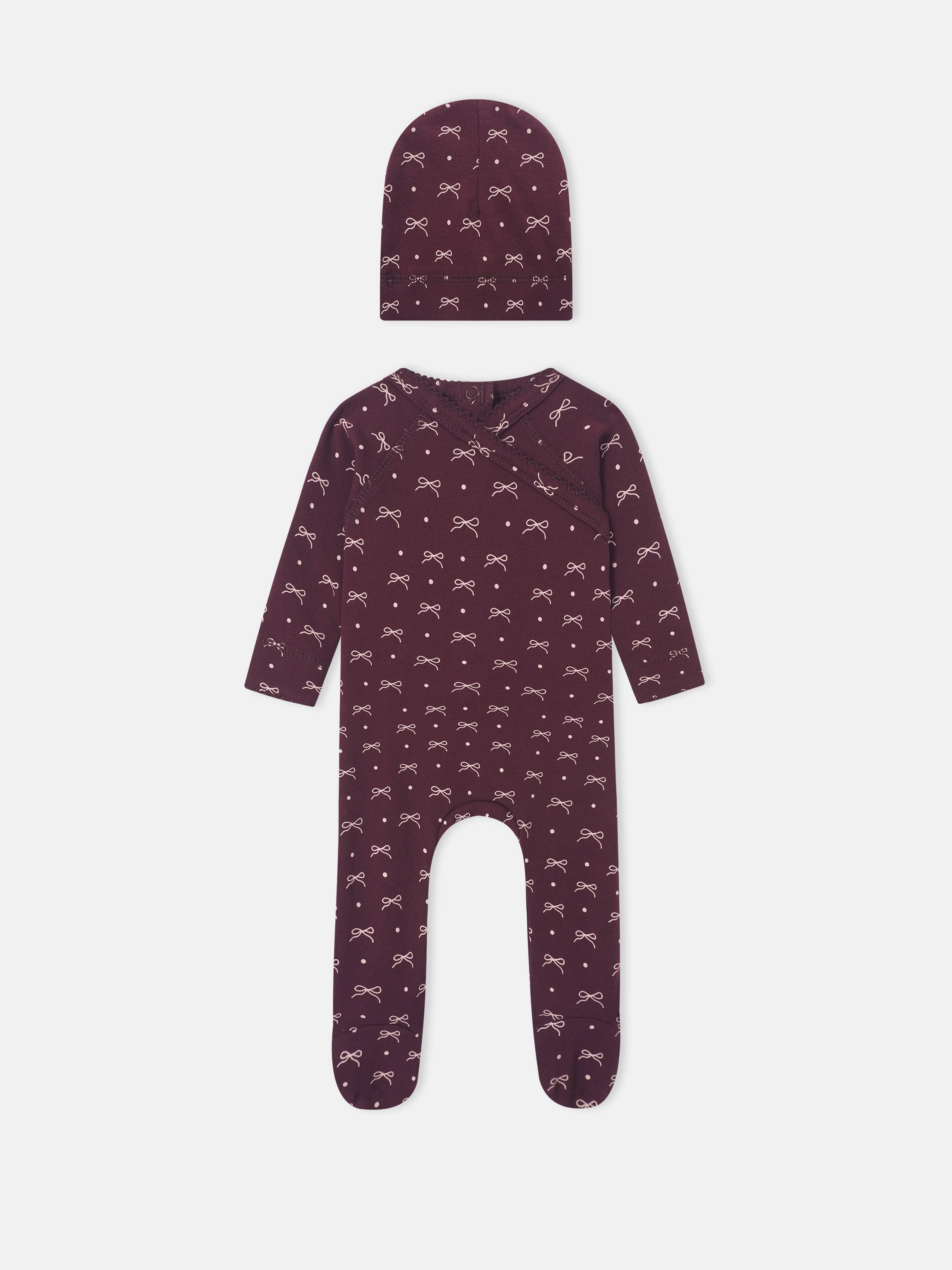 Adee Burgundy Bow 2-piece layette set for girls; hat and footed romper with white bow pattern.