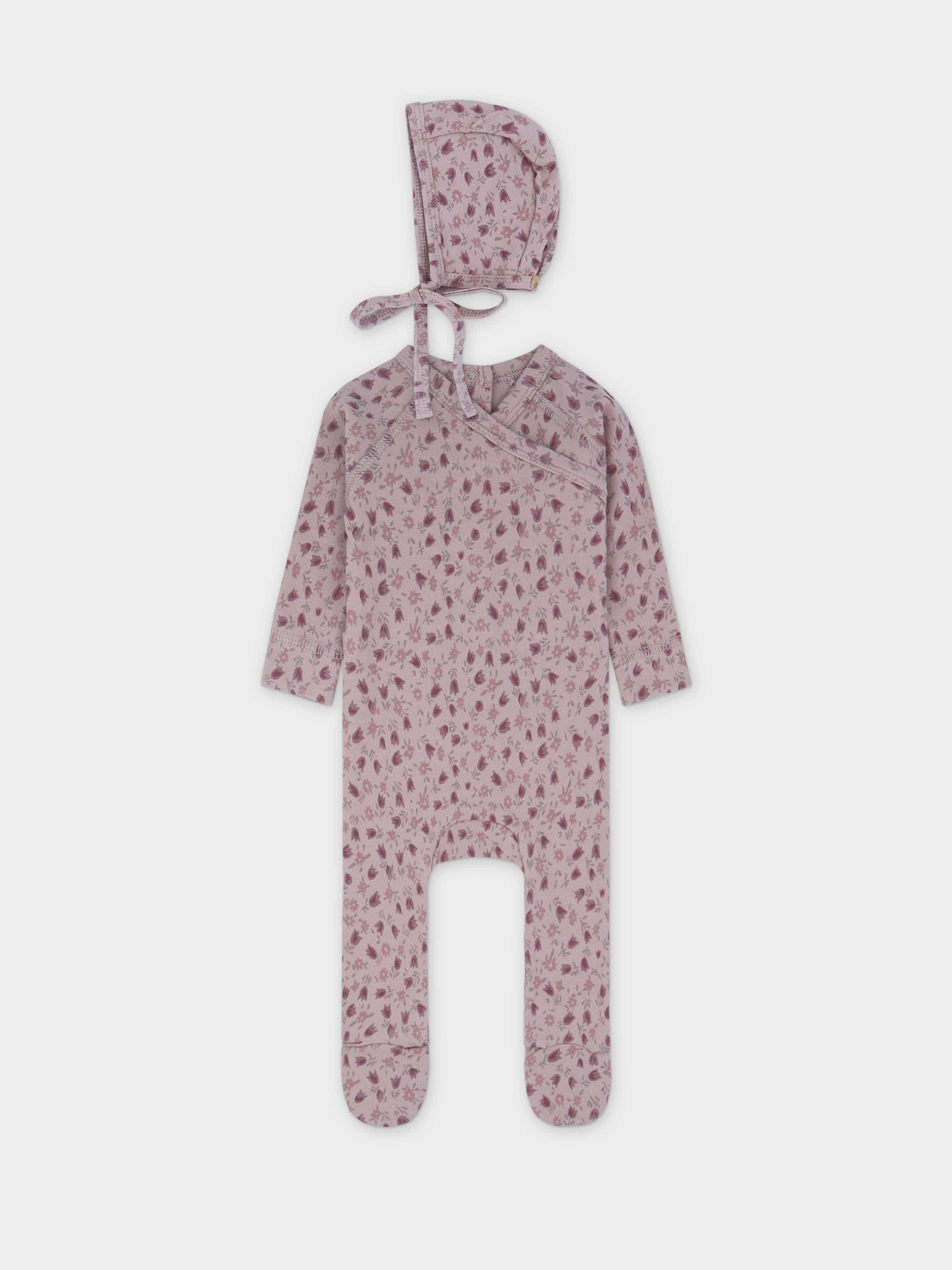 Baby girl jumpsuit set with bonnet.