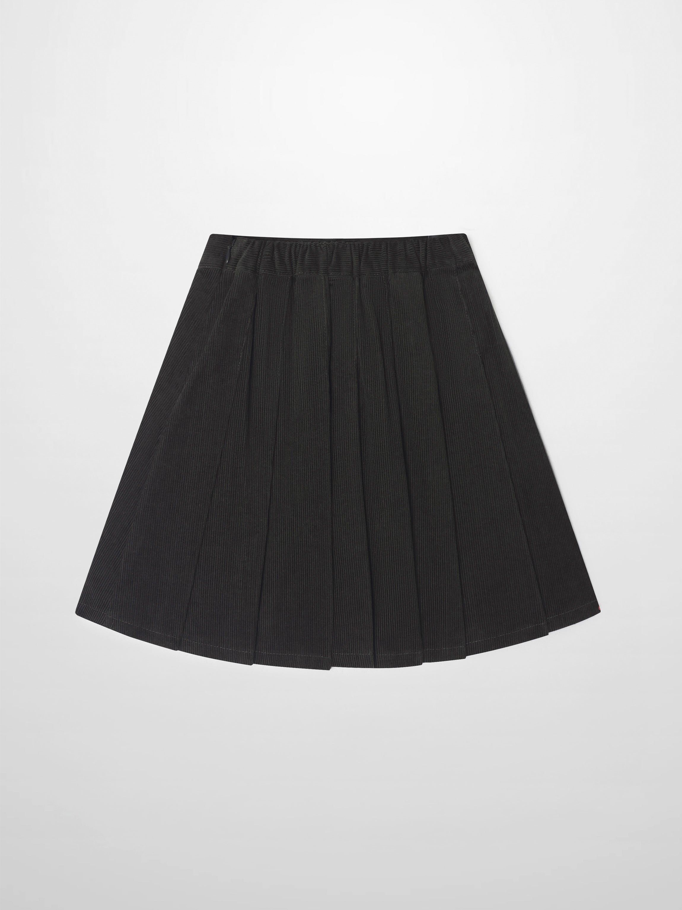 Girls corduroy pleated skirt in grey with elastic waistband.