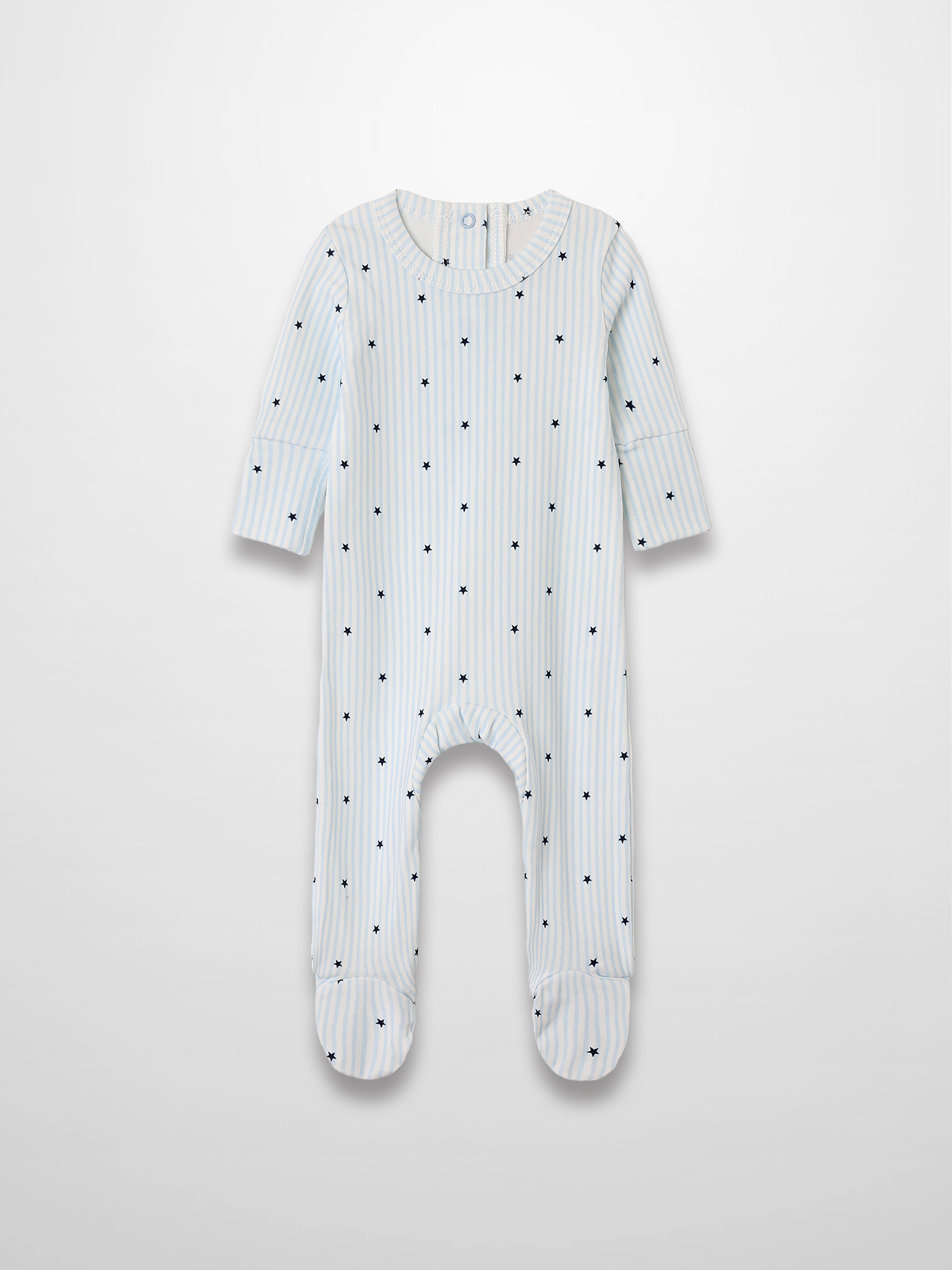 Blue Star Stretchy: light blue striped footie jumpsuit with navy stars and scalloped trim, breathable stretch fabric.