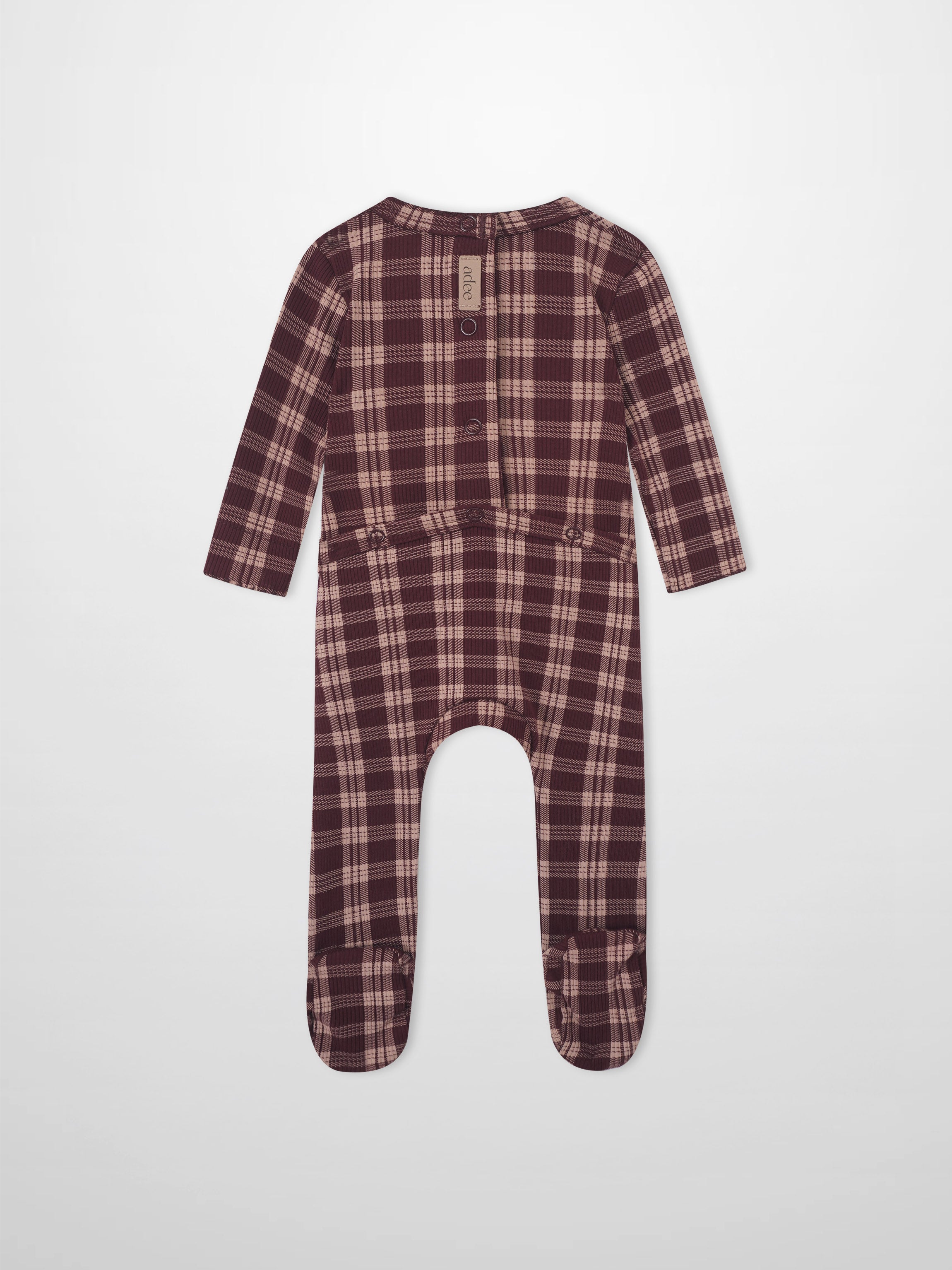 Adee burgundy plaid layette set for girls, footed sleeper.