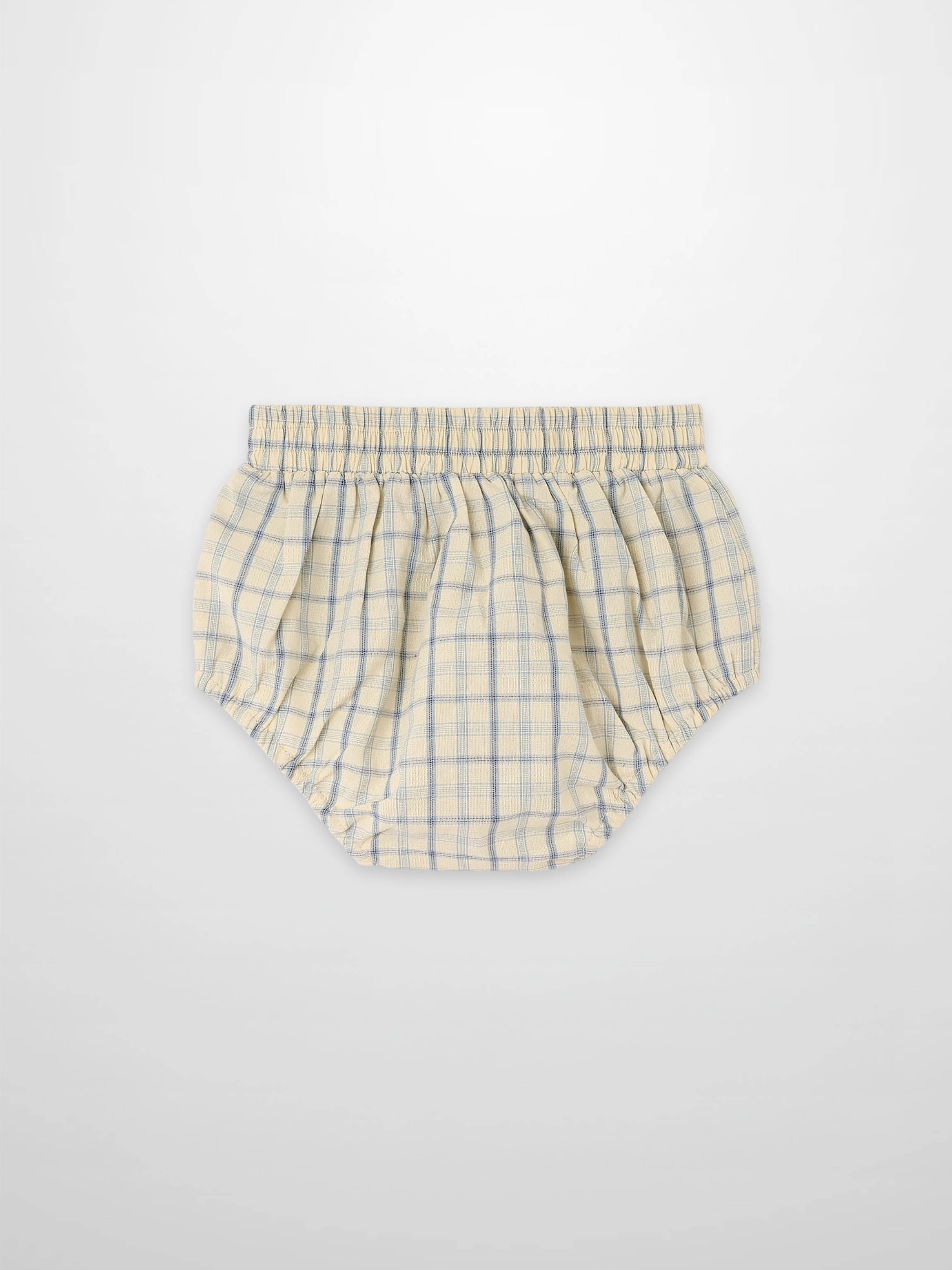 Plaid bloomers by Adee for boys, beige with blue plaid, elastic waistband.