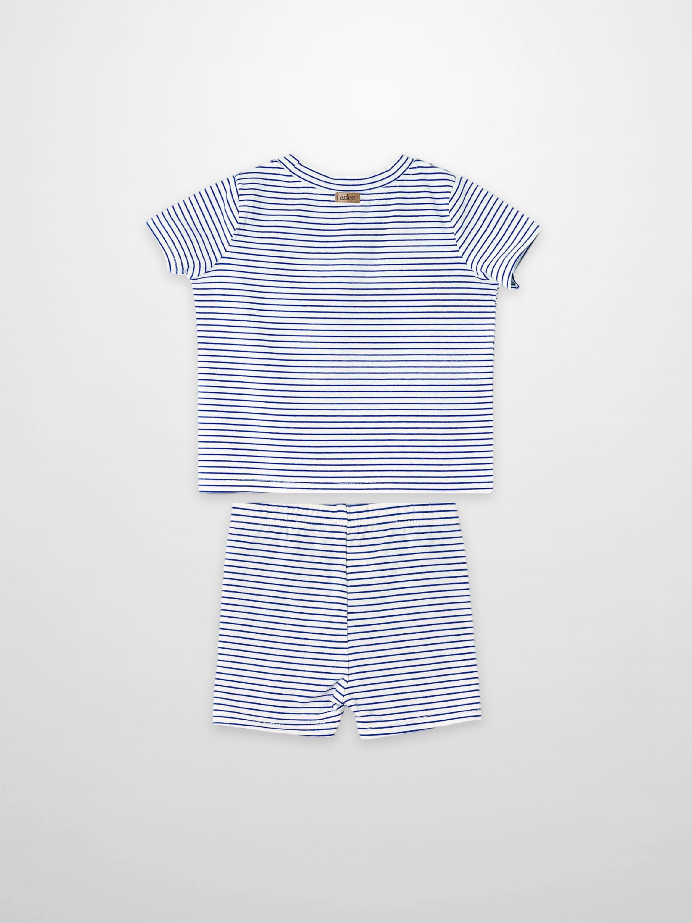 Eiffel Tower Shorts Set, two-piece blue-and-white striped outfit for little boys by Adee