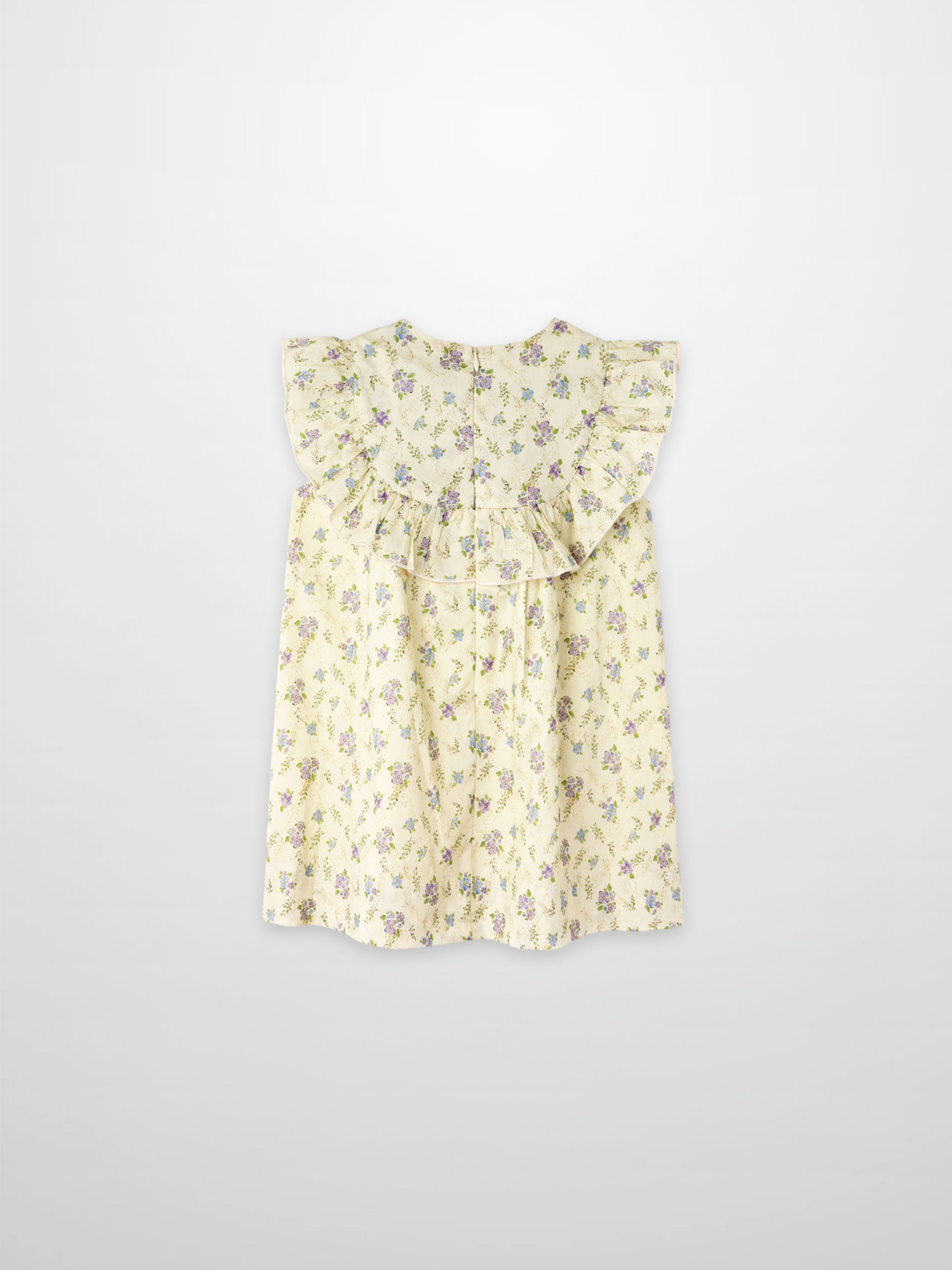 Ivory flower dress for girls, sleeveless with floral print and ruffled bodice.