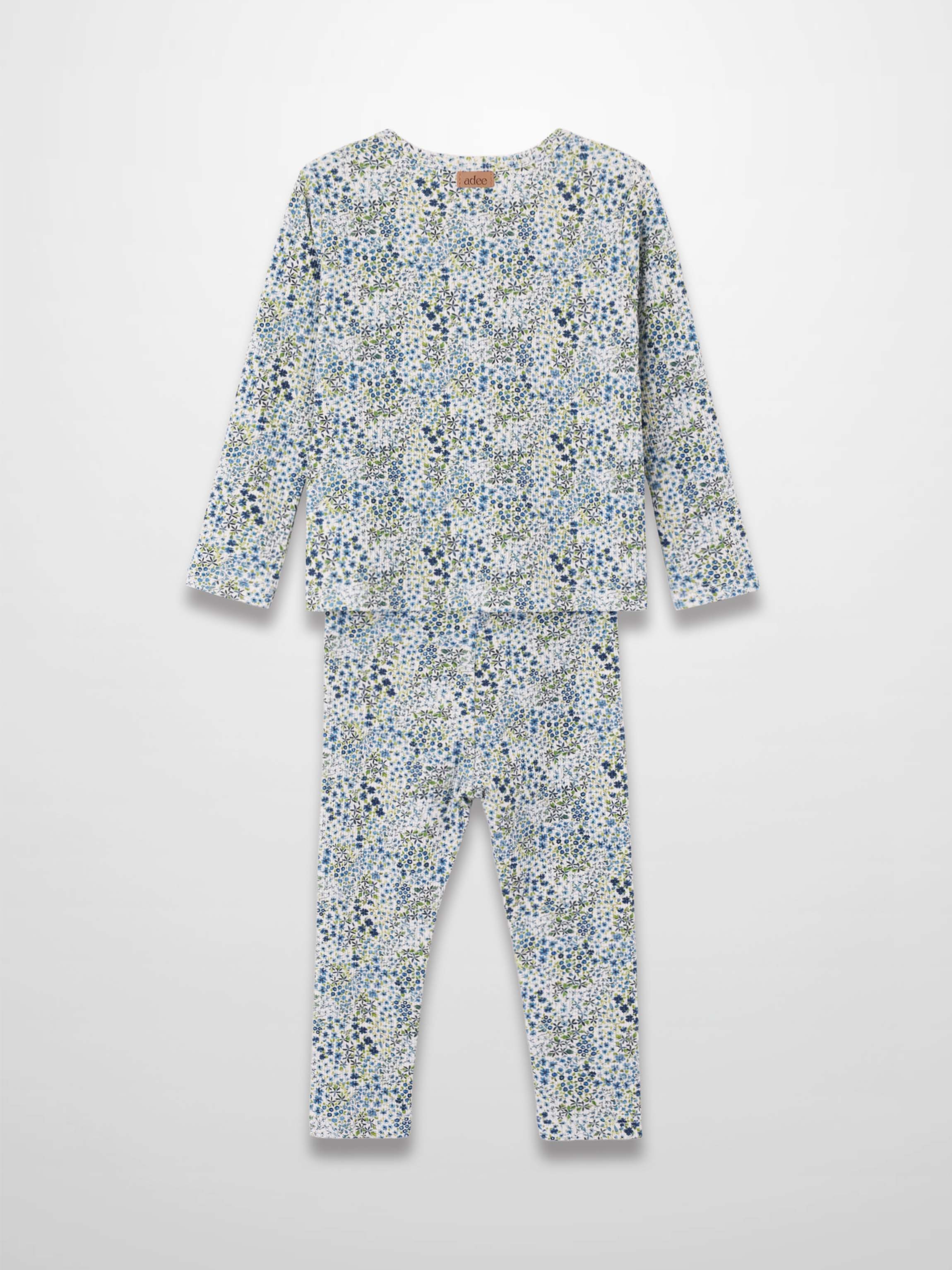 Blue floral pajama set with long sleeve top and full length pants.