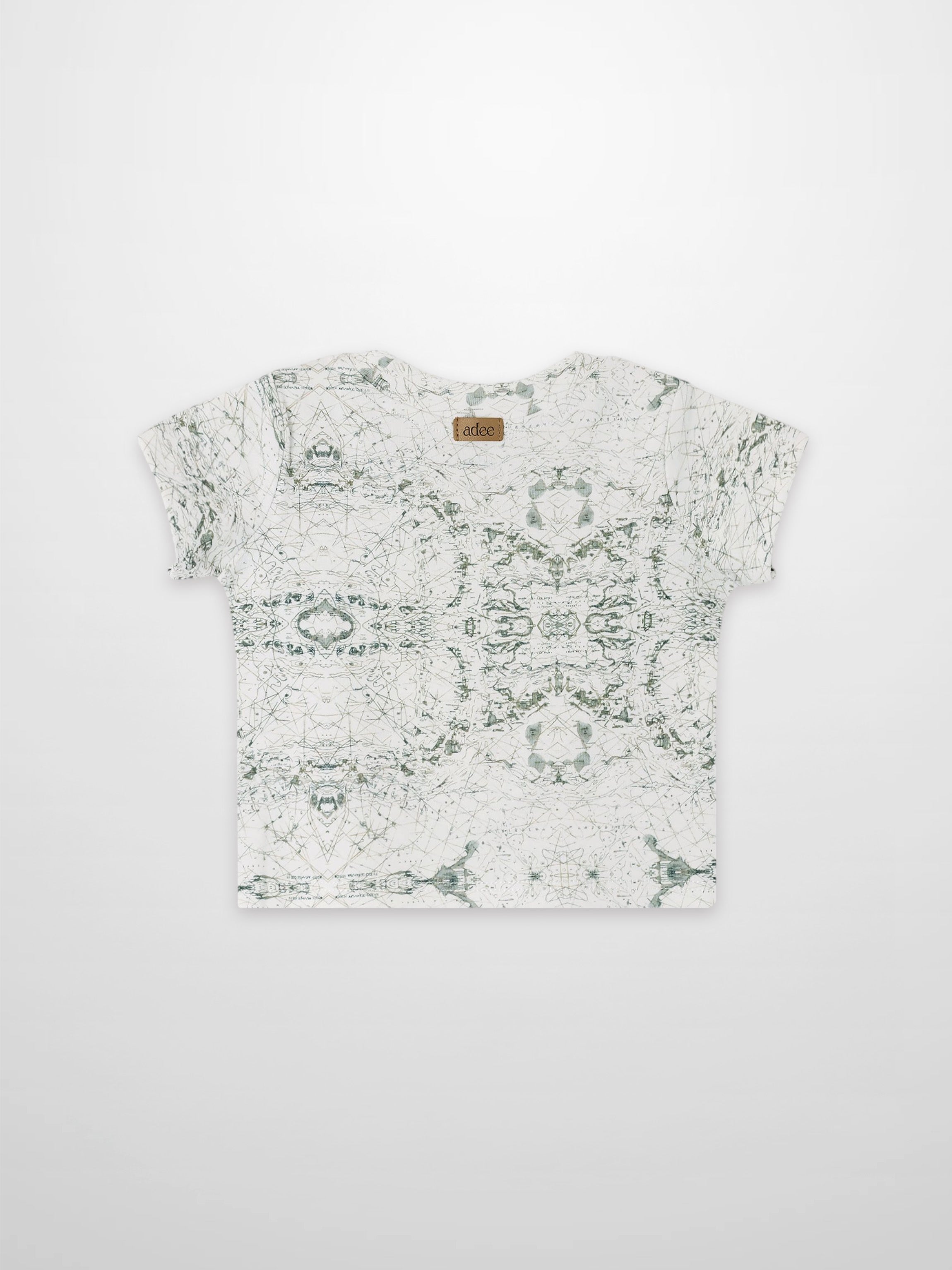 Map T-shirt for boys in sage-green with finely sketched map pattern; Adee brand patch at back neckline