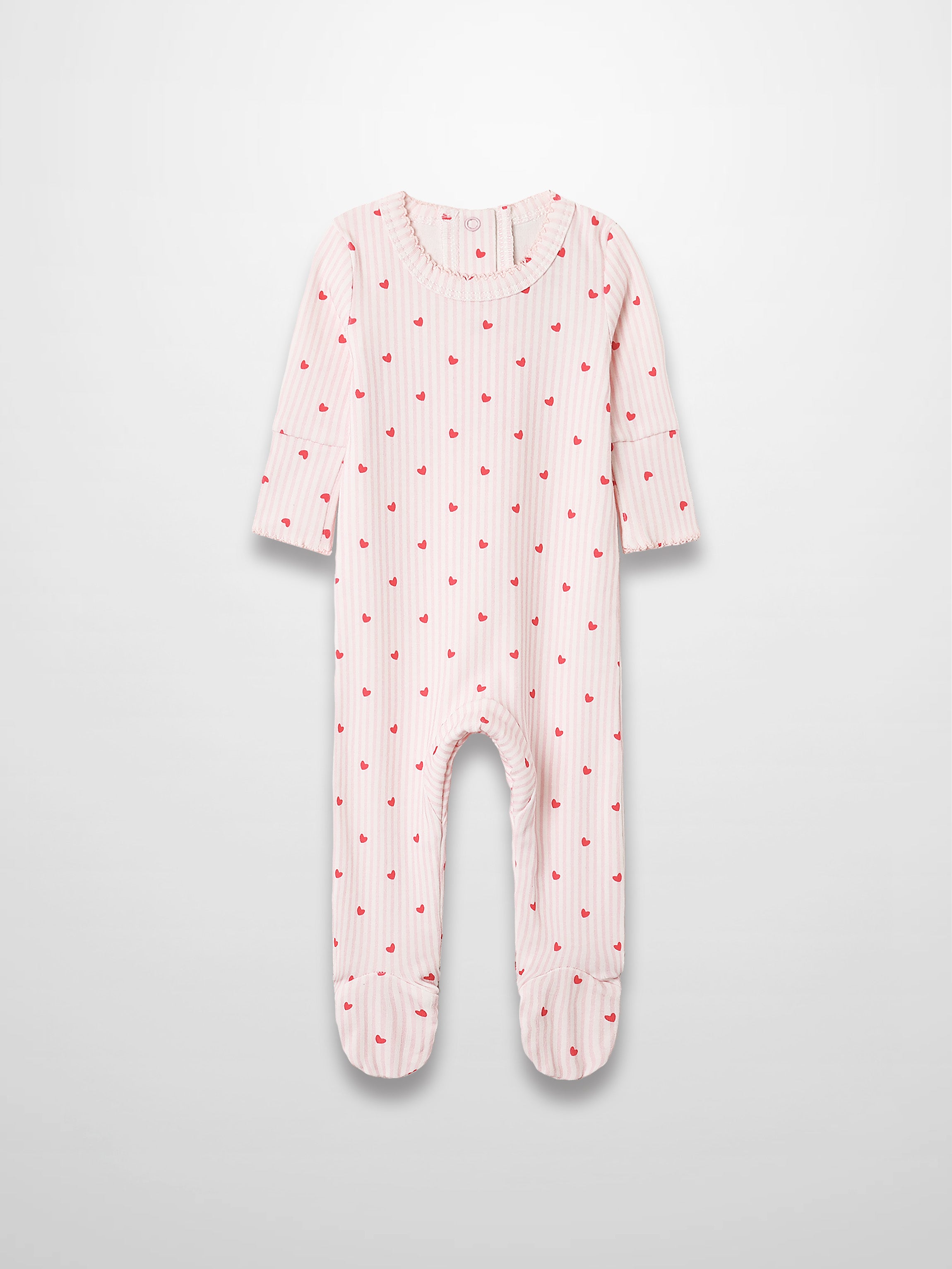 Pink striped footed baby jumpsuit with red hearts, scalloped trim, and soft stretch fabric.