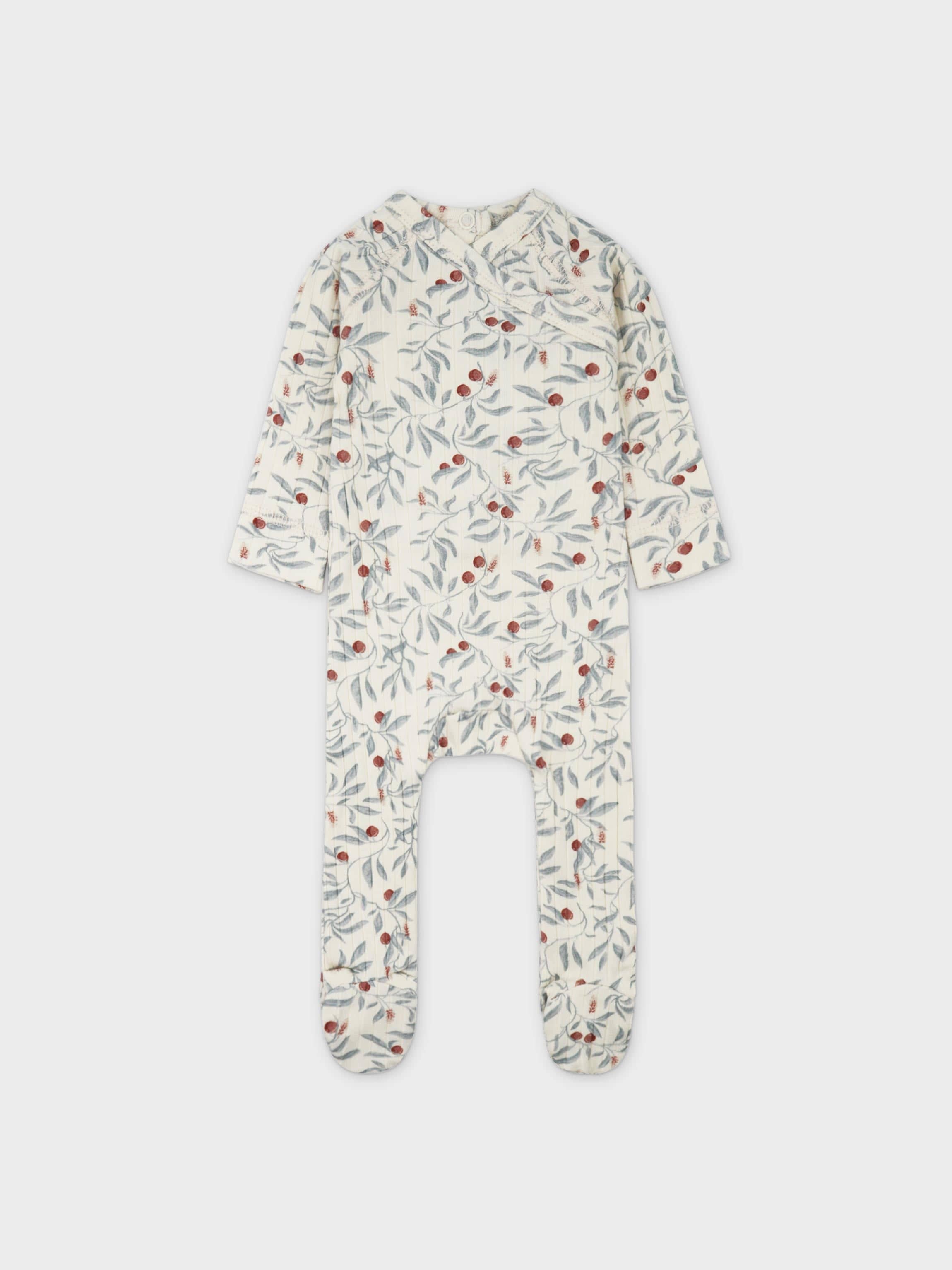 Adee Olive Branch Stretchies boys footed jumpsuit in cream with blue-green olive leaf print