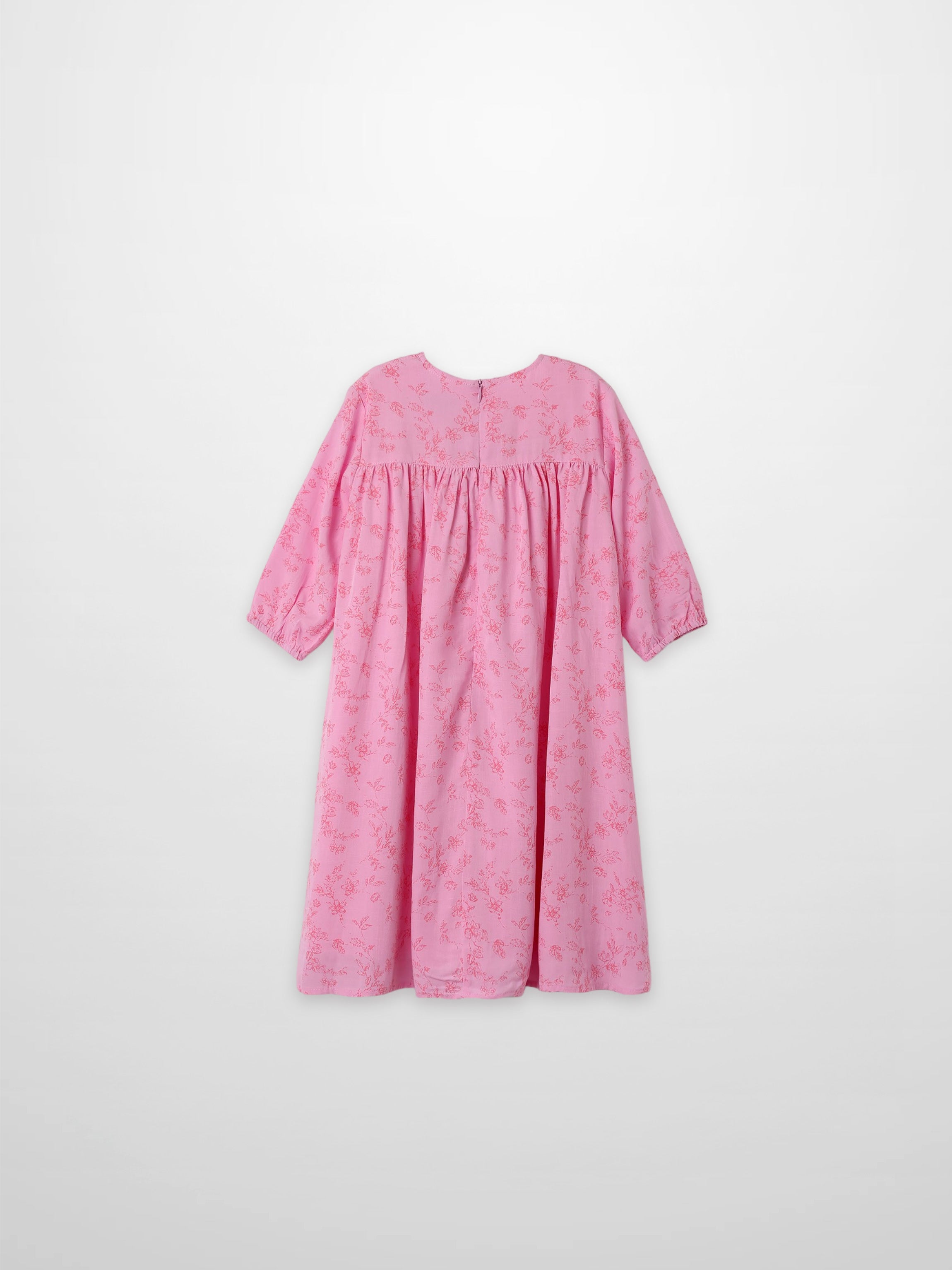 Pink flower-print dress for girls with 3/4 sleeves and gathered waist