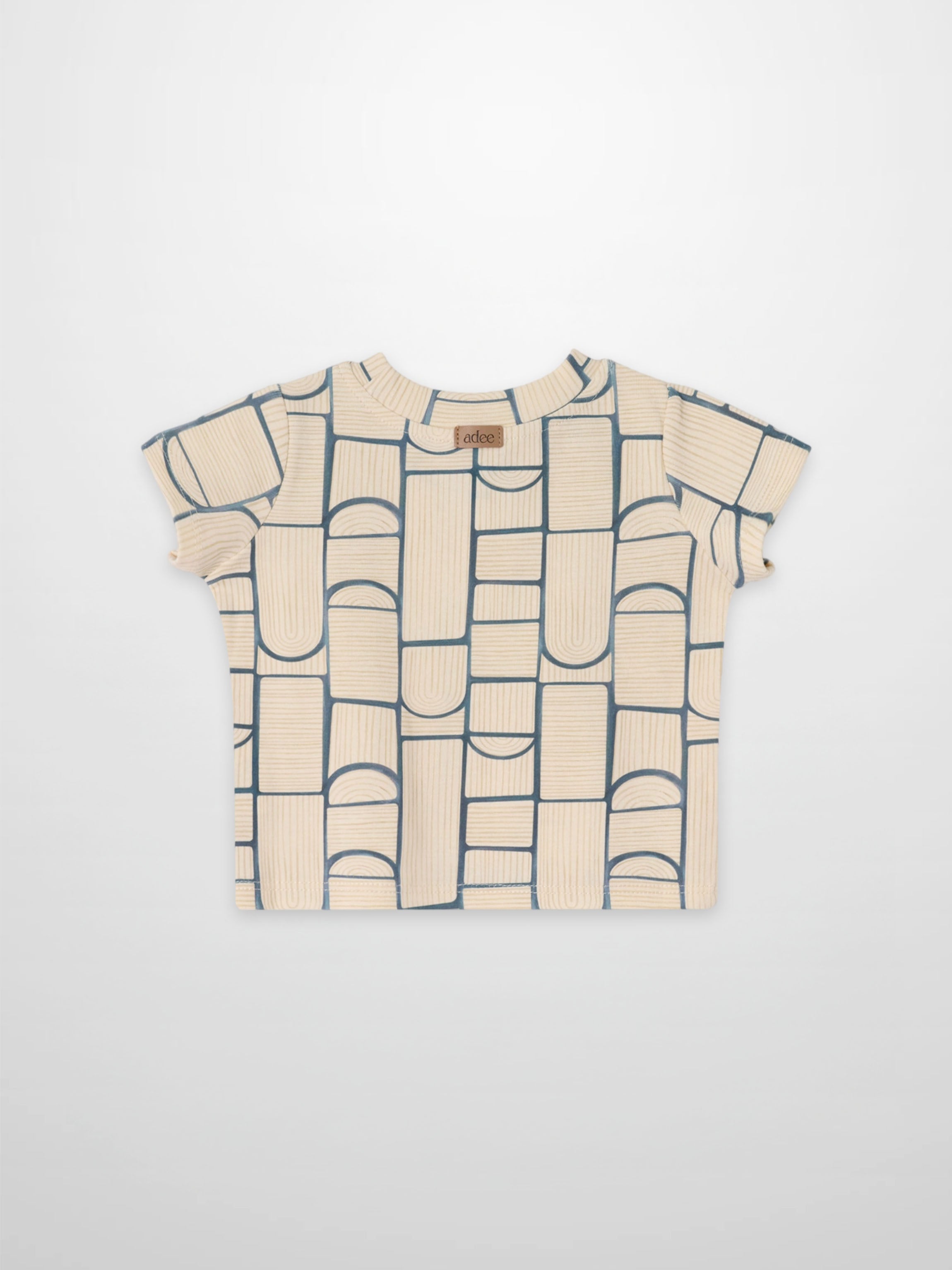 Abstract T-shirt for boys; beige base with light-blue geometric block pattern, Adee.
