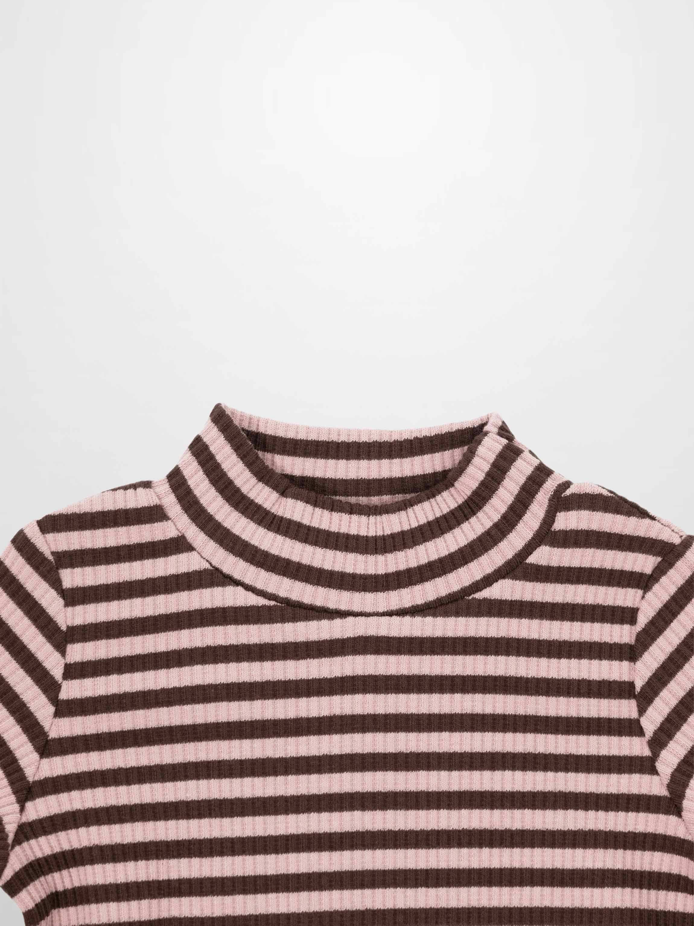 Striped Mock Neck T-Shirt - Brown & Pink