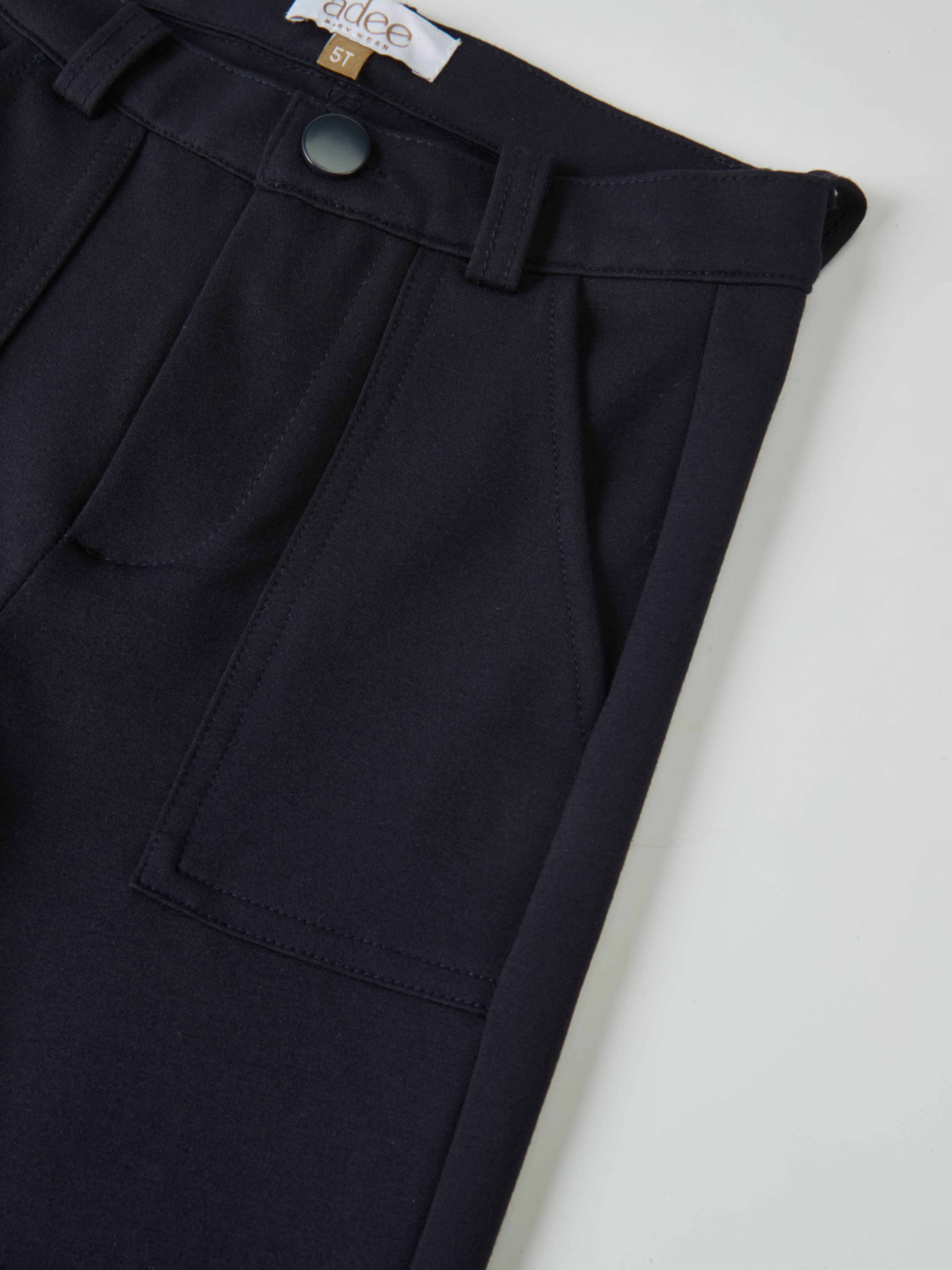 Boys dress pants in navy, Adee brand, front button closure with belt loops and pocket