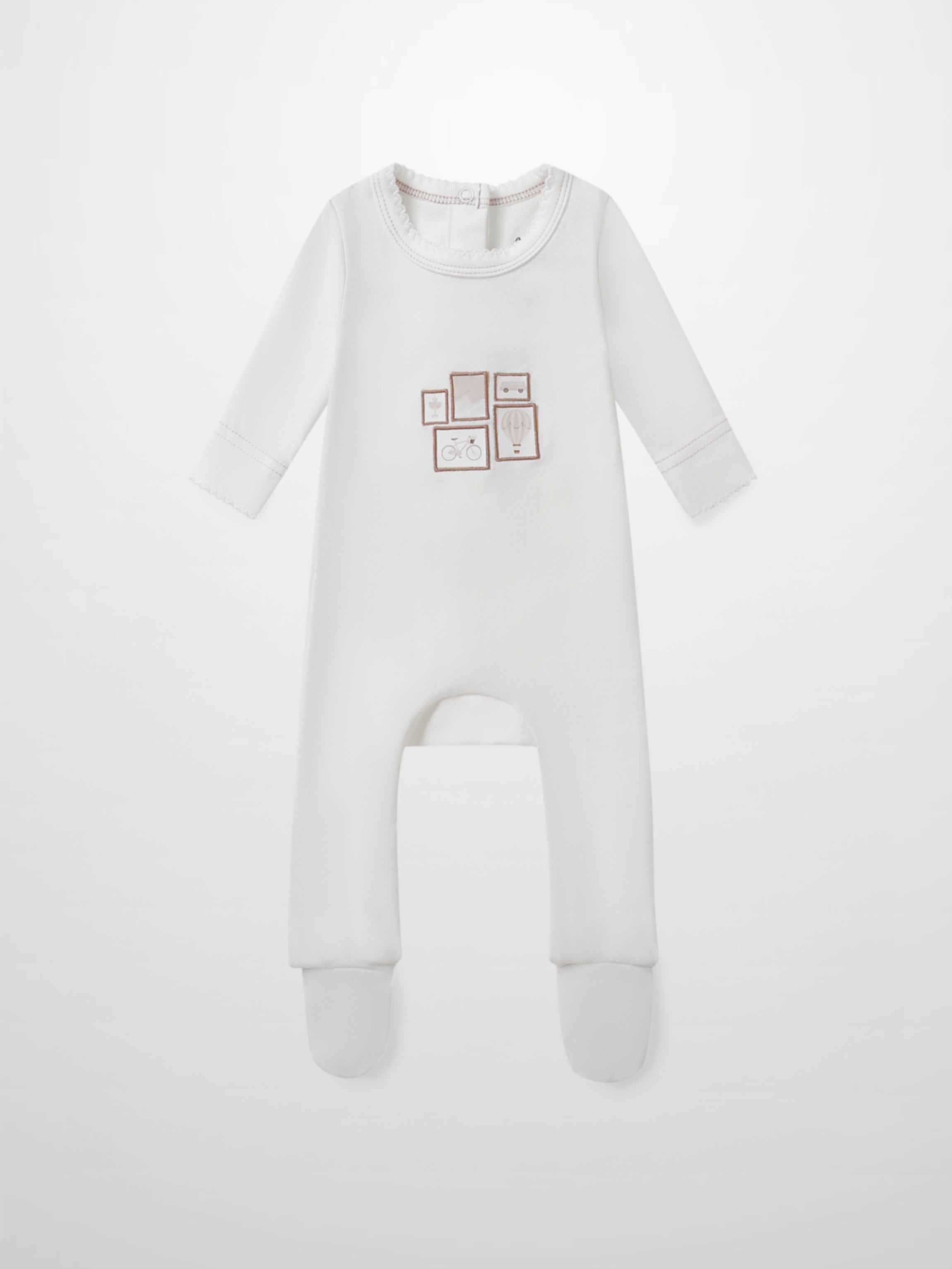 Mini Gallery Stretchy Pink girls sleeper by Adee; white footed onesie with pink framed art on chest.