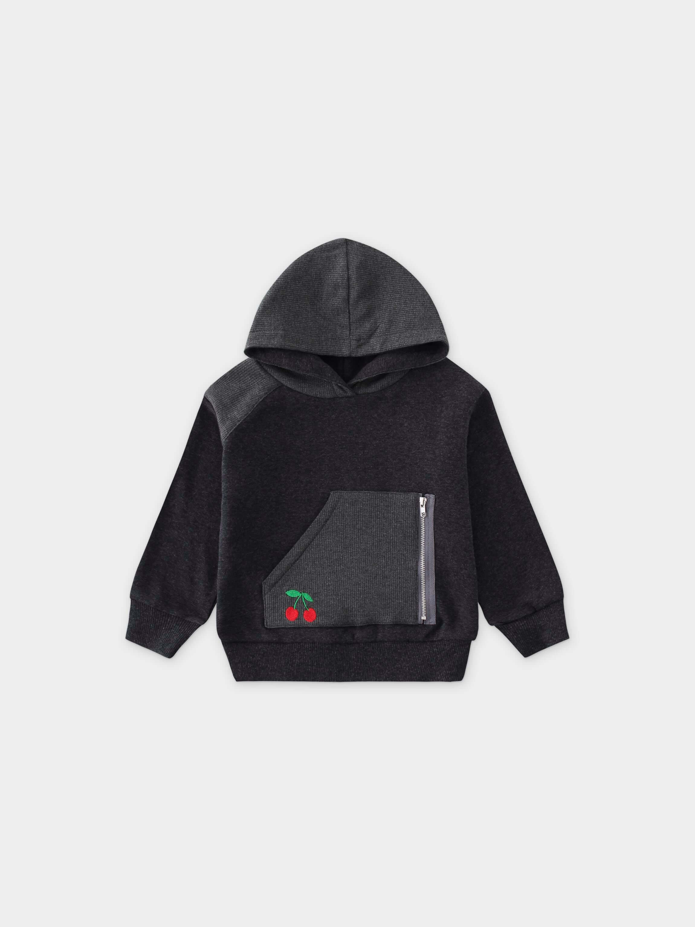 Heather grey hoodie with cherry pocket.