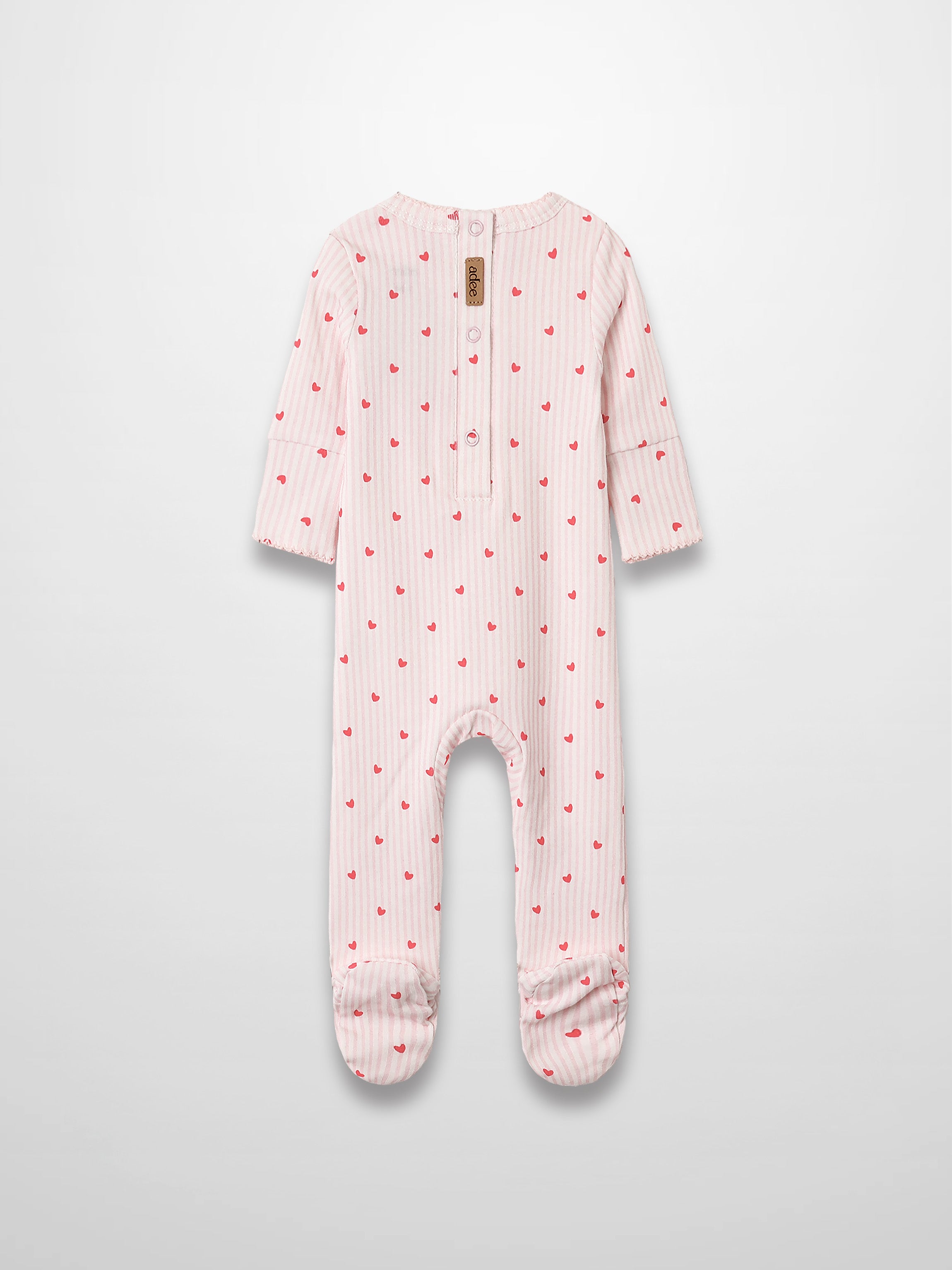 Pink striped baby jumpsuit with hot-pink hearts, scalloped trim, footed design in soft breathable fabric.