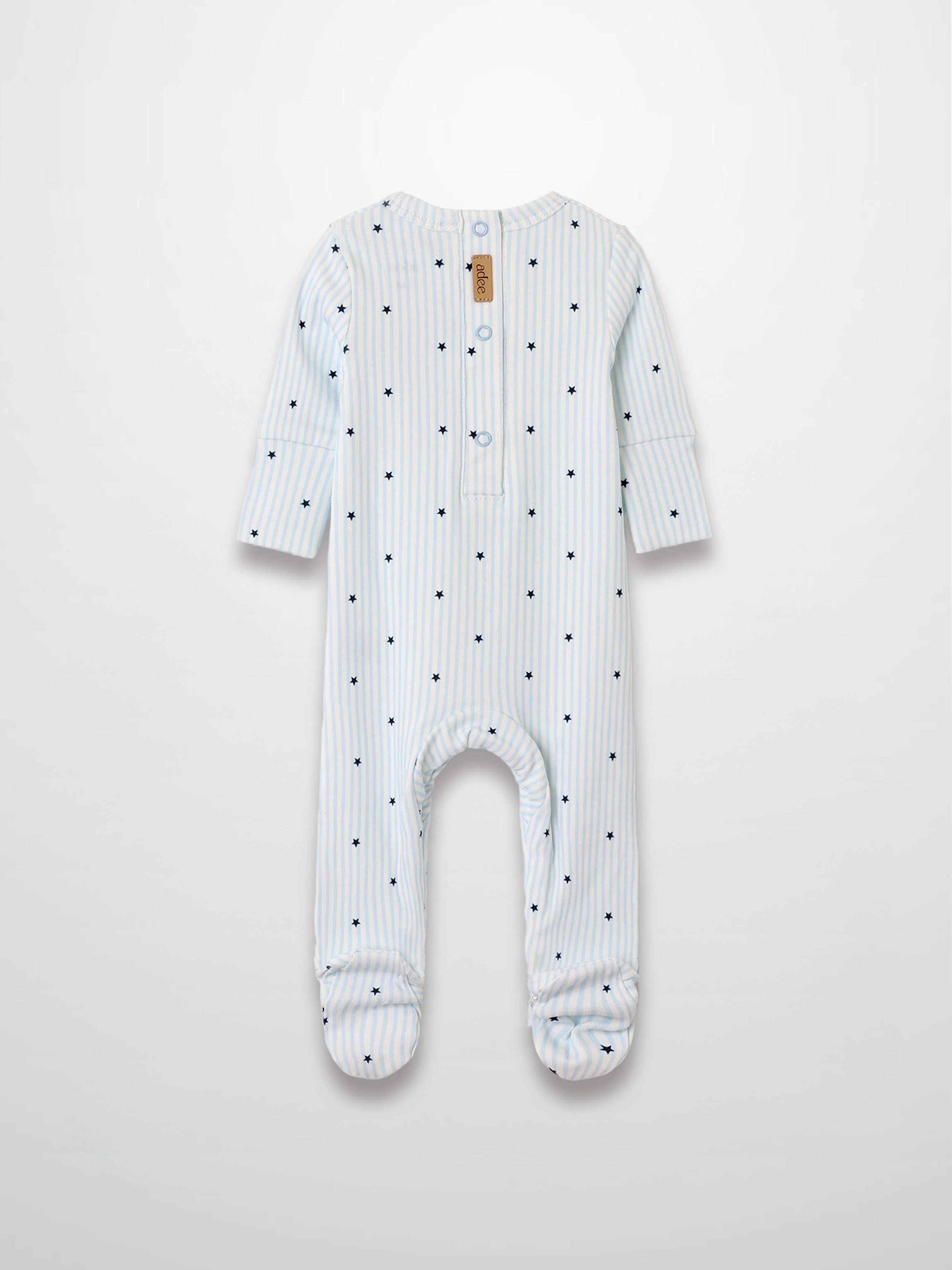 Blue Star Stretchy: light blue and white striped footed romper with scattered navy stars; soft breathable stretch