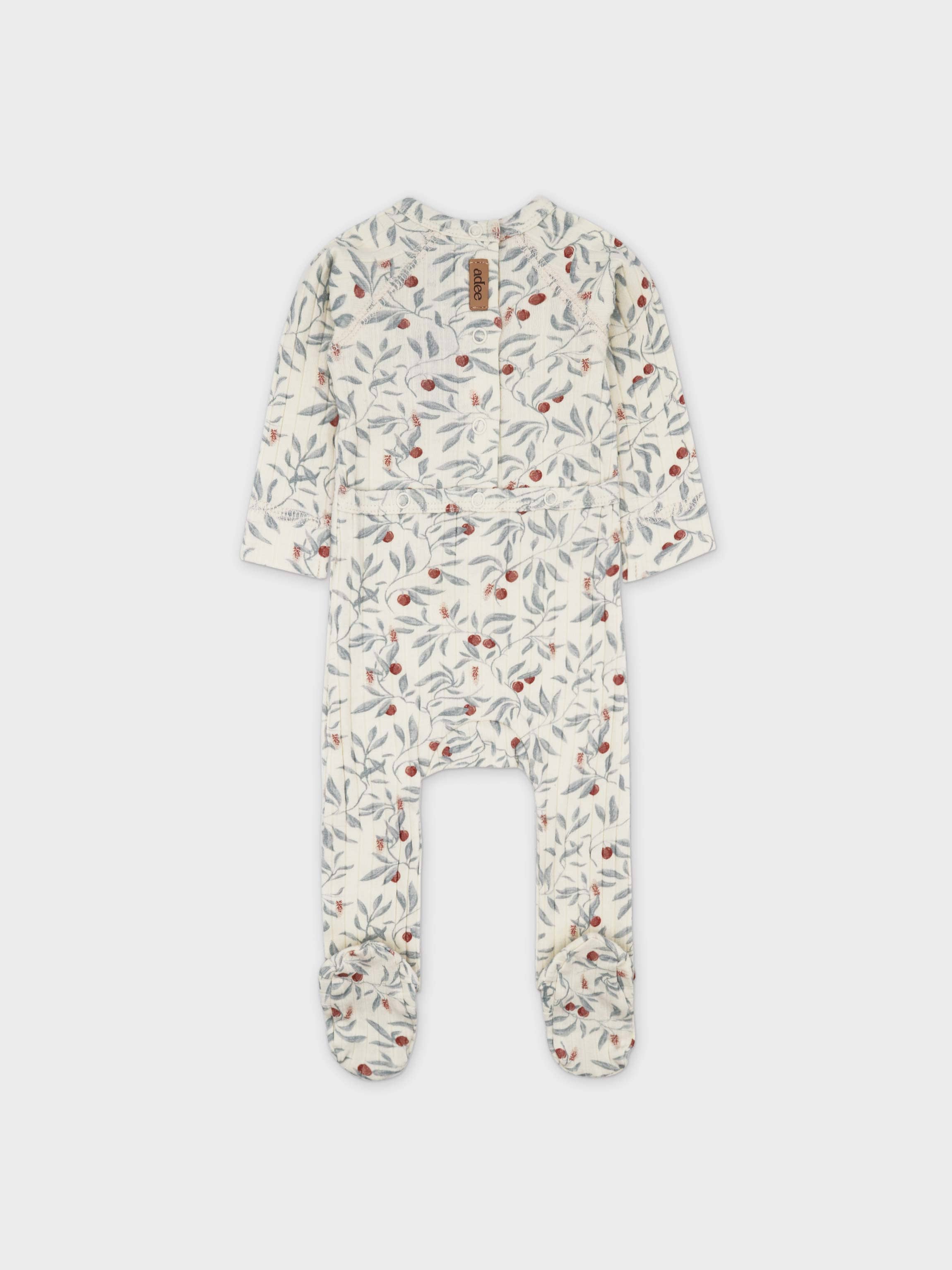 Olive Branch Stretchies footed jumpsuit for boys by Adee; cream fabric with blue-gray olive leaves and red berries