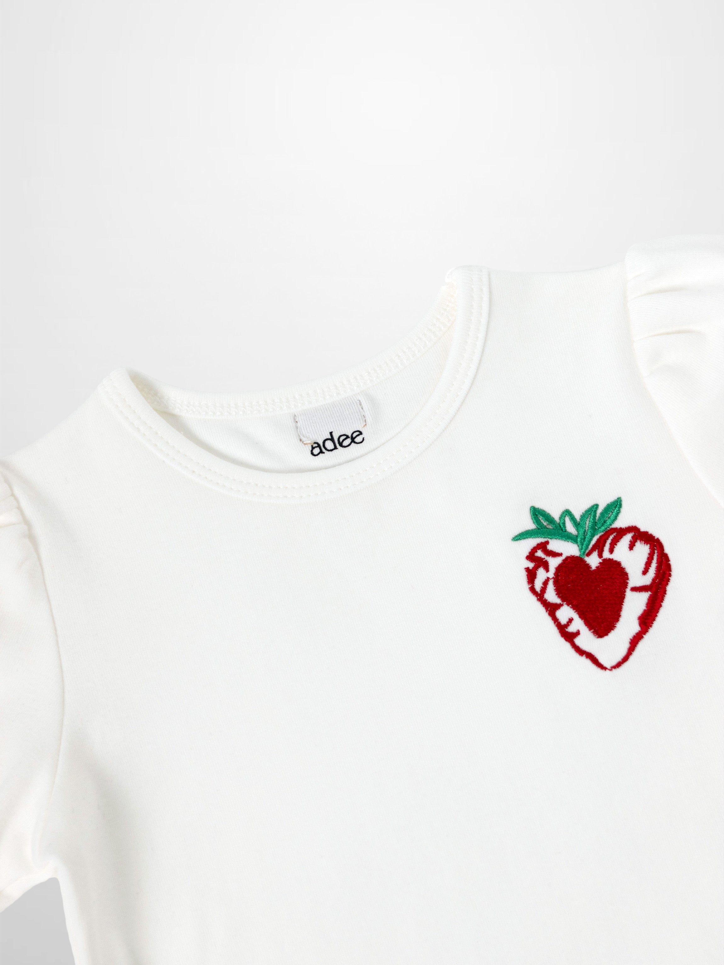 Embroidered Strawberry Short Puff Sleeve T-shirt