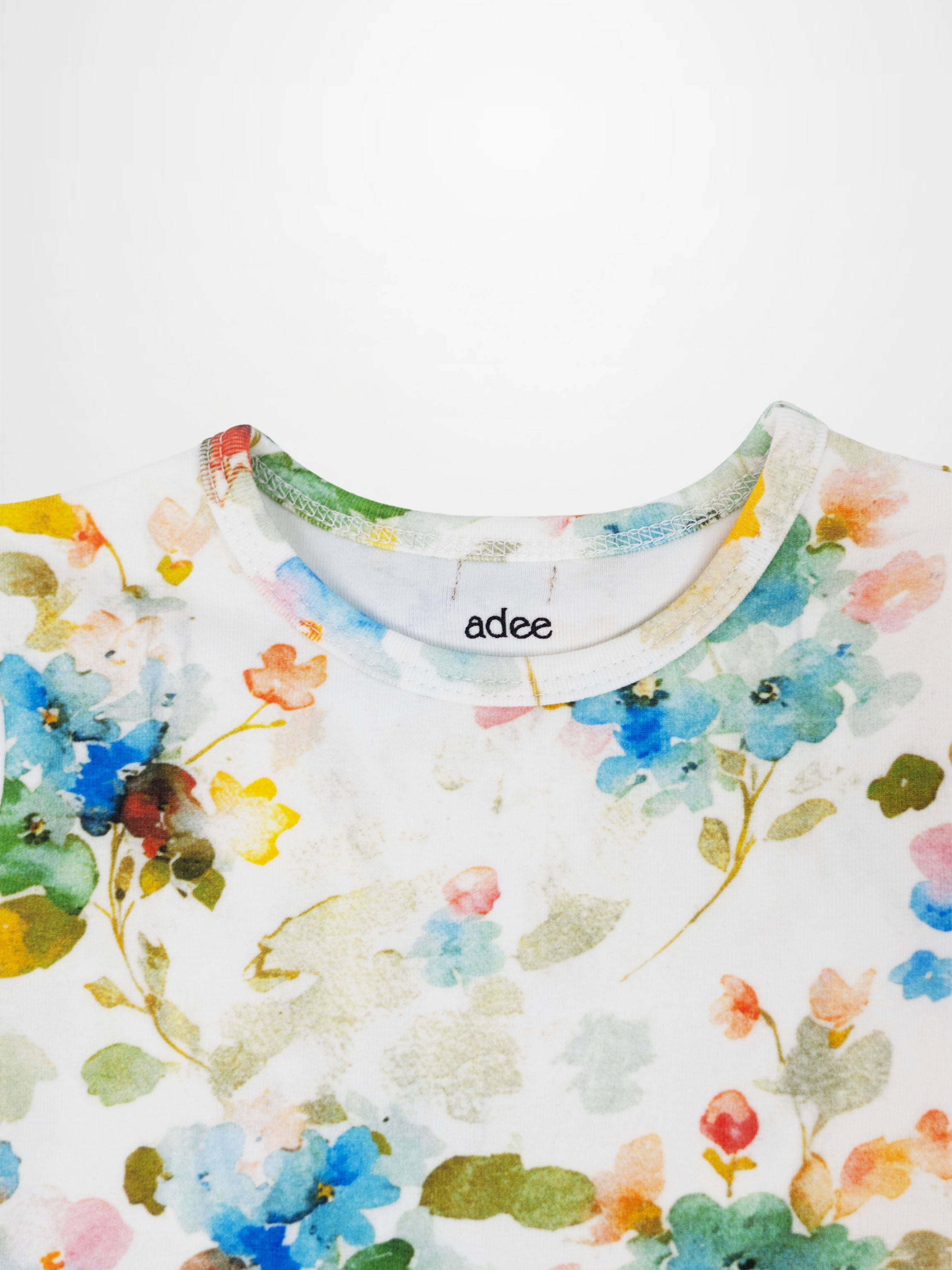 Pastel Flower 3/4 Puff Sleeve T-Shirt for girls, floral print on white, Adee brand