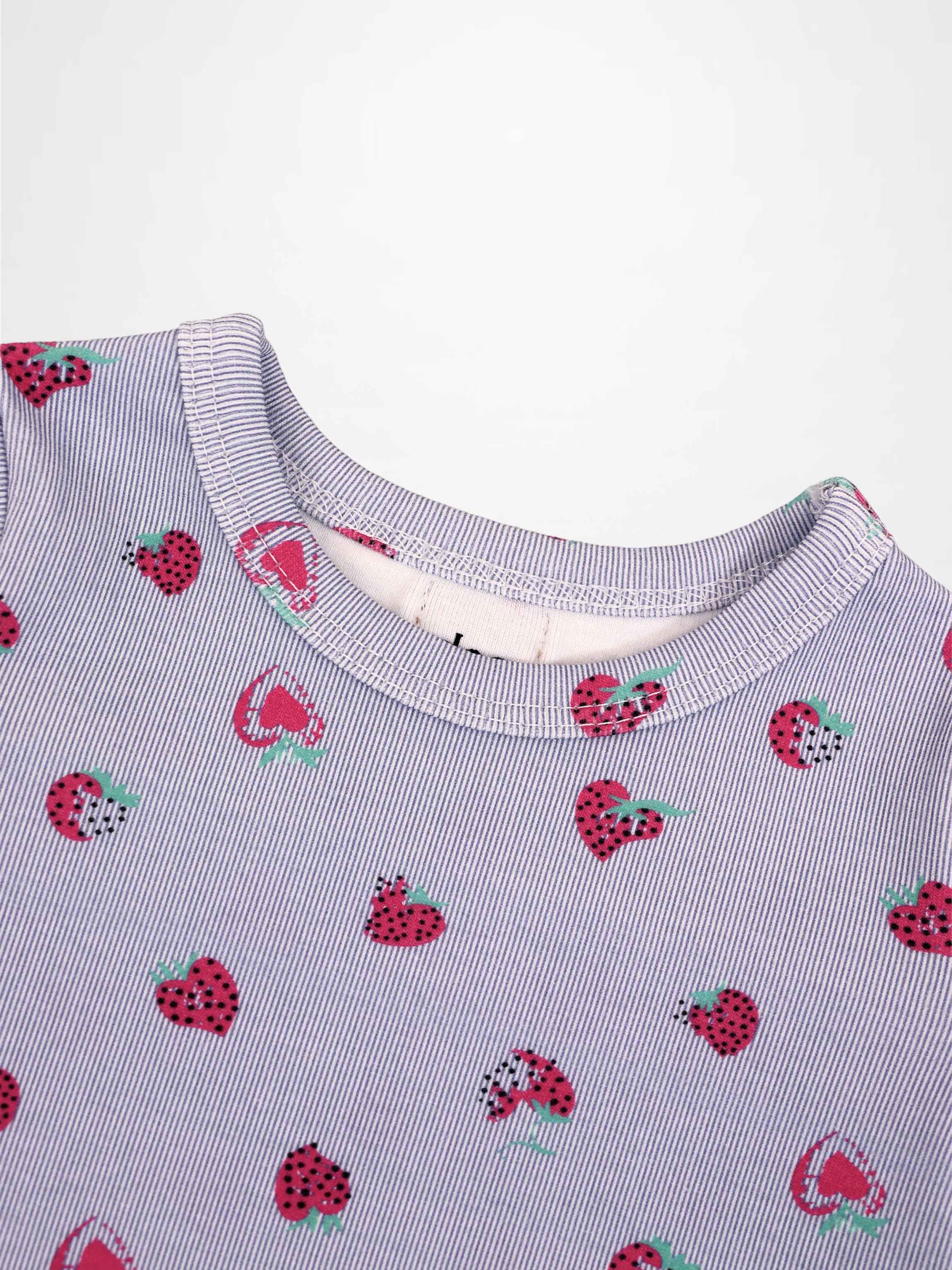Adee Strawberry Bloomers Set for little girls; lavender striped knit fabric with pink strawberries.