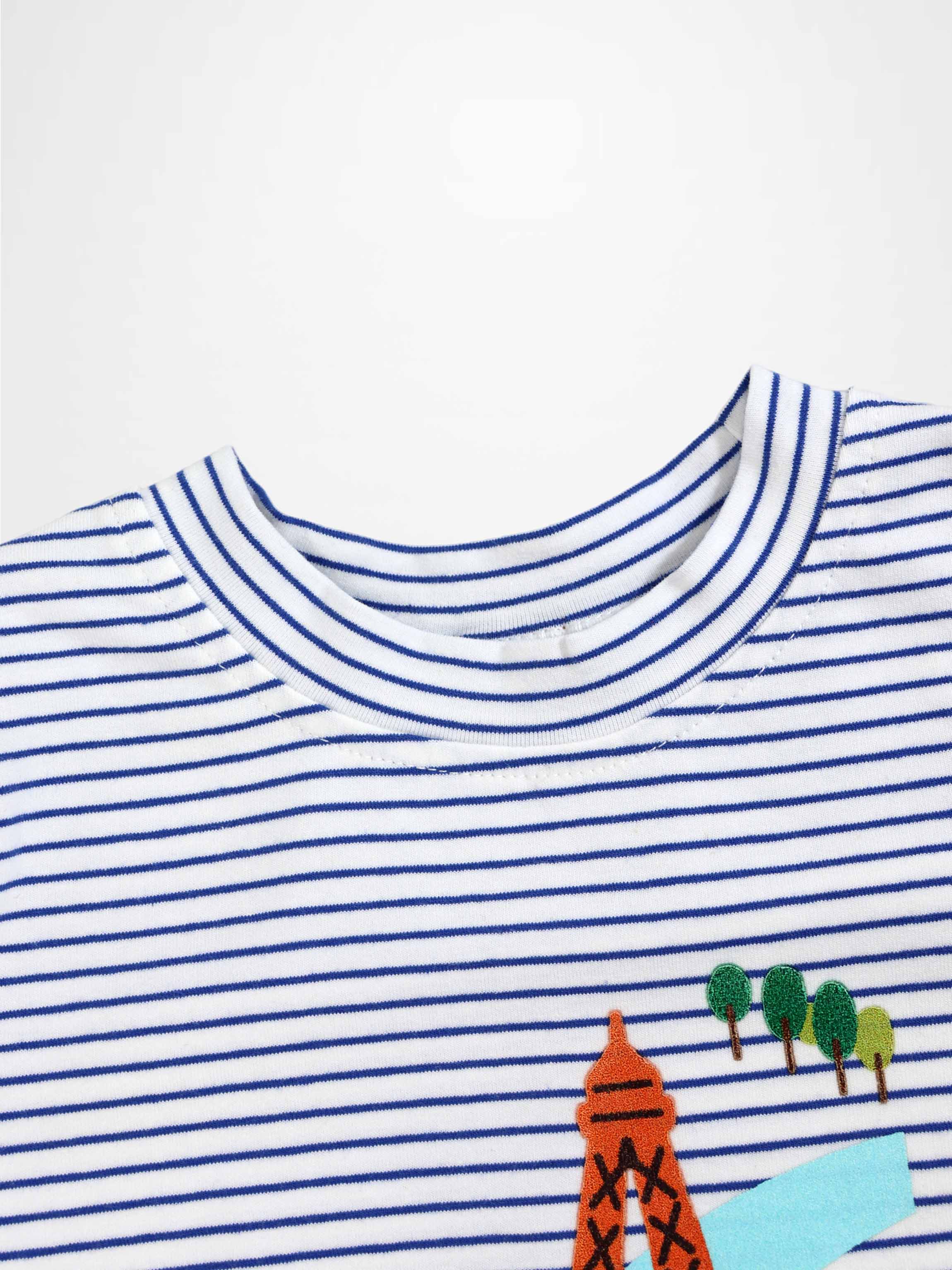 Eiffel Tower Shorts Set for little boys, blue and white striped top with orange Eiffel Tower graphic