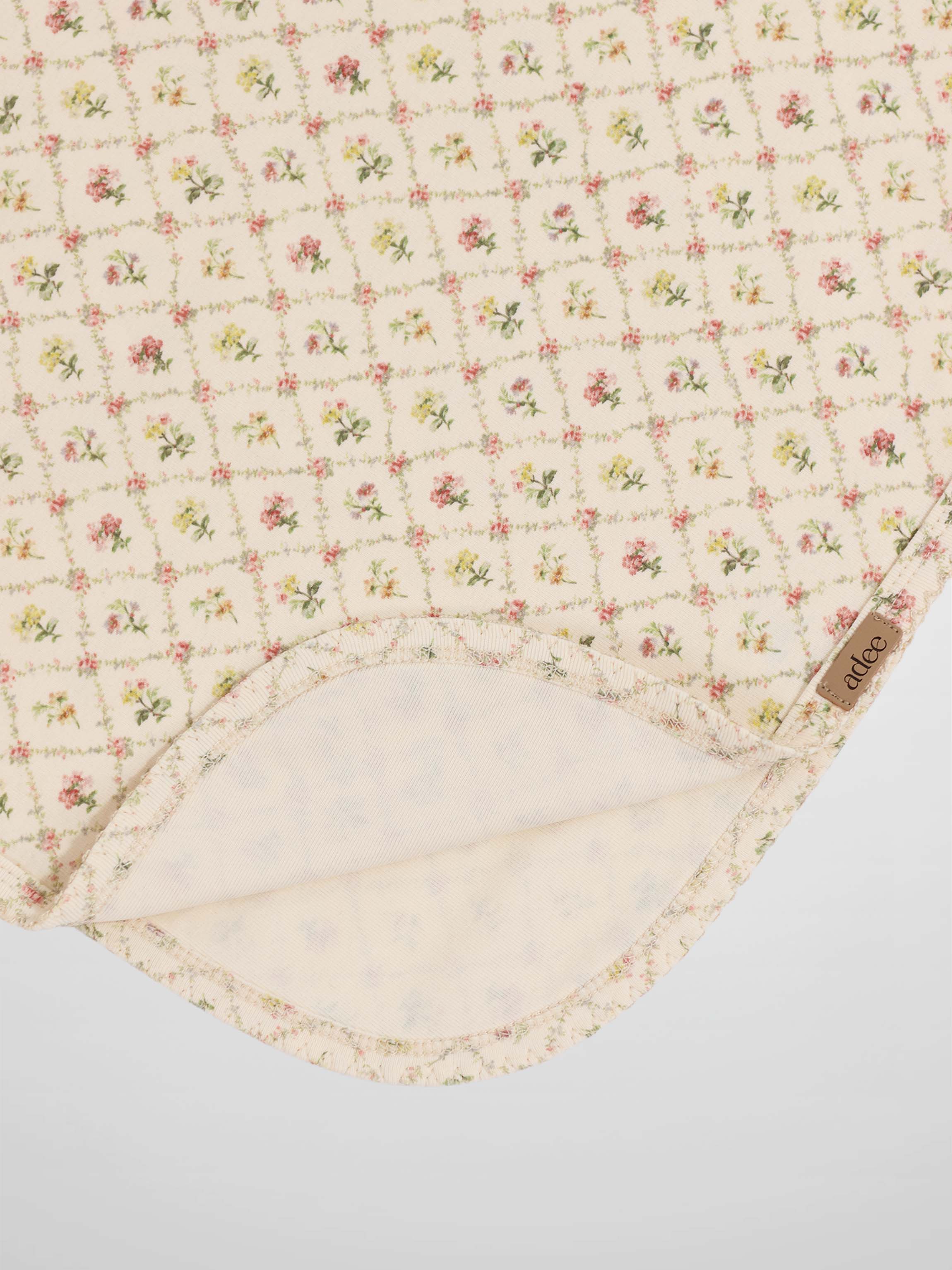 Flower Garden Blanket with Lace swaddle for girls by Adee; cream fabric with small pink and yellow floral lattice pattern
