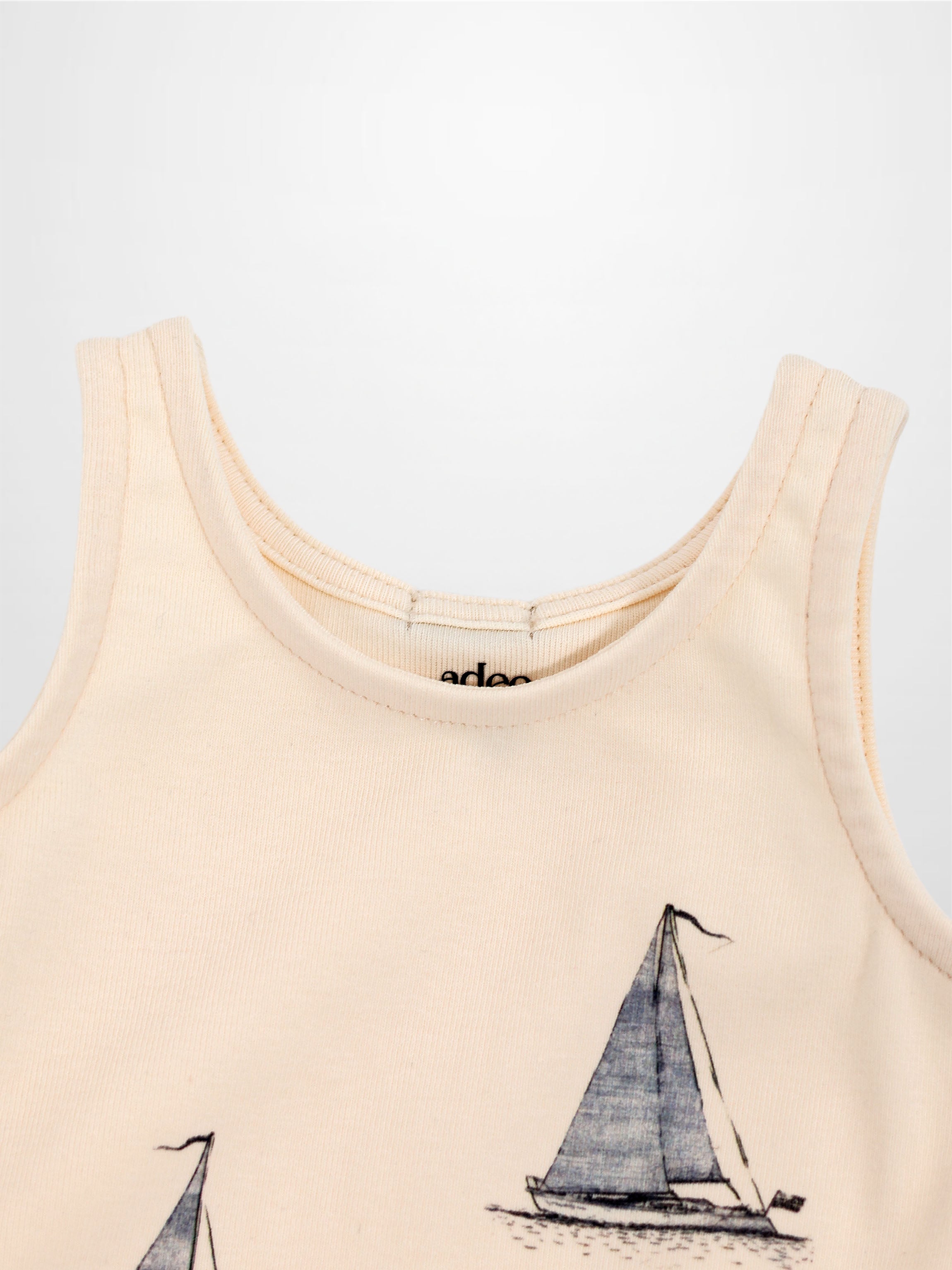 Sail Boat Romper for boys, beige with sailboat print by Adee